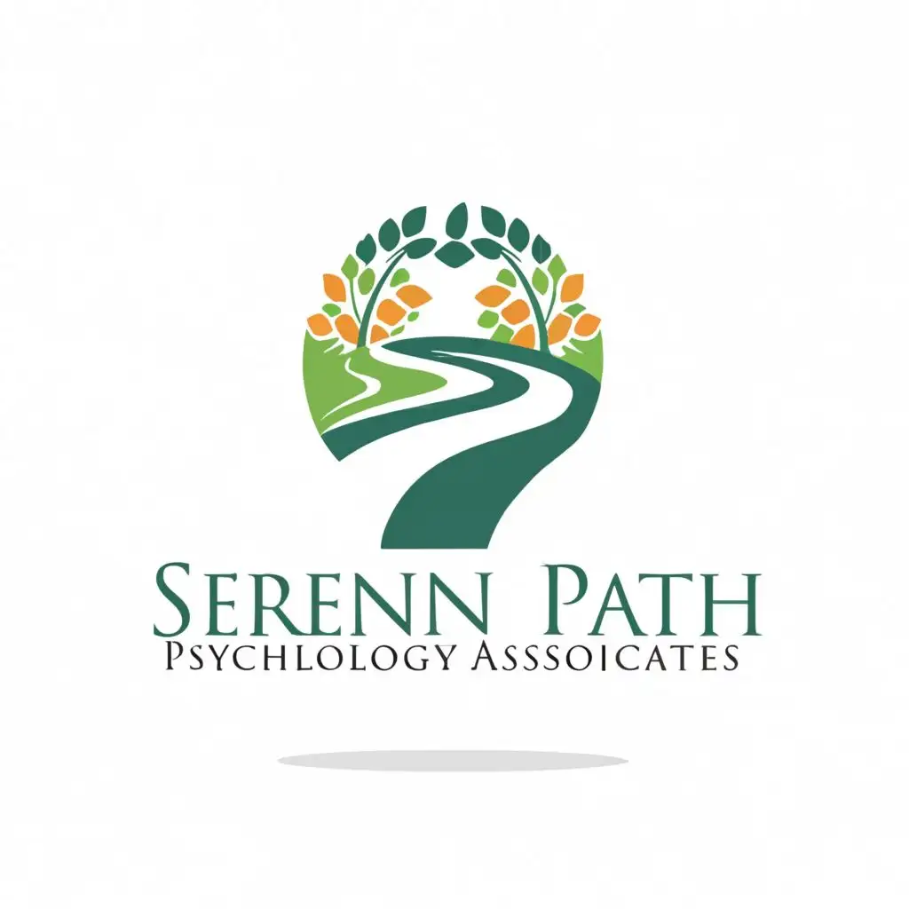a logo design,with the text "Serene Path Psychology associates", main symbol:This logo features a tranquil and serene path winding through nature, symbolizing the journey towards mental well-being. The soft, curved lines convey a sense of calmness and comfort, while the lush greenery evokes feelings of growth, renewal, and vitality. The gradient sky in the background transitions from a soothing blue to a warm sunset hue, representing hope and optimism,Moderate,clear background