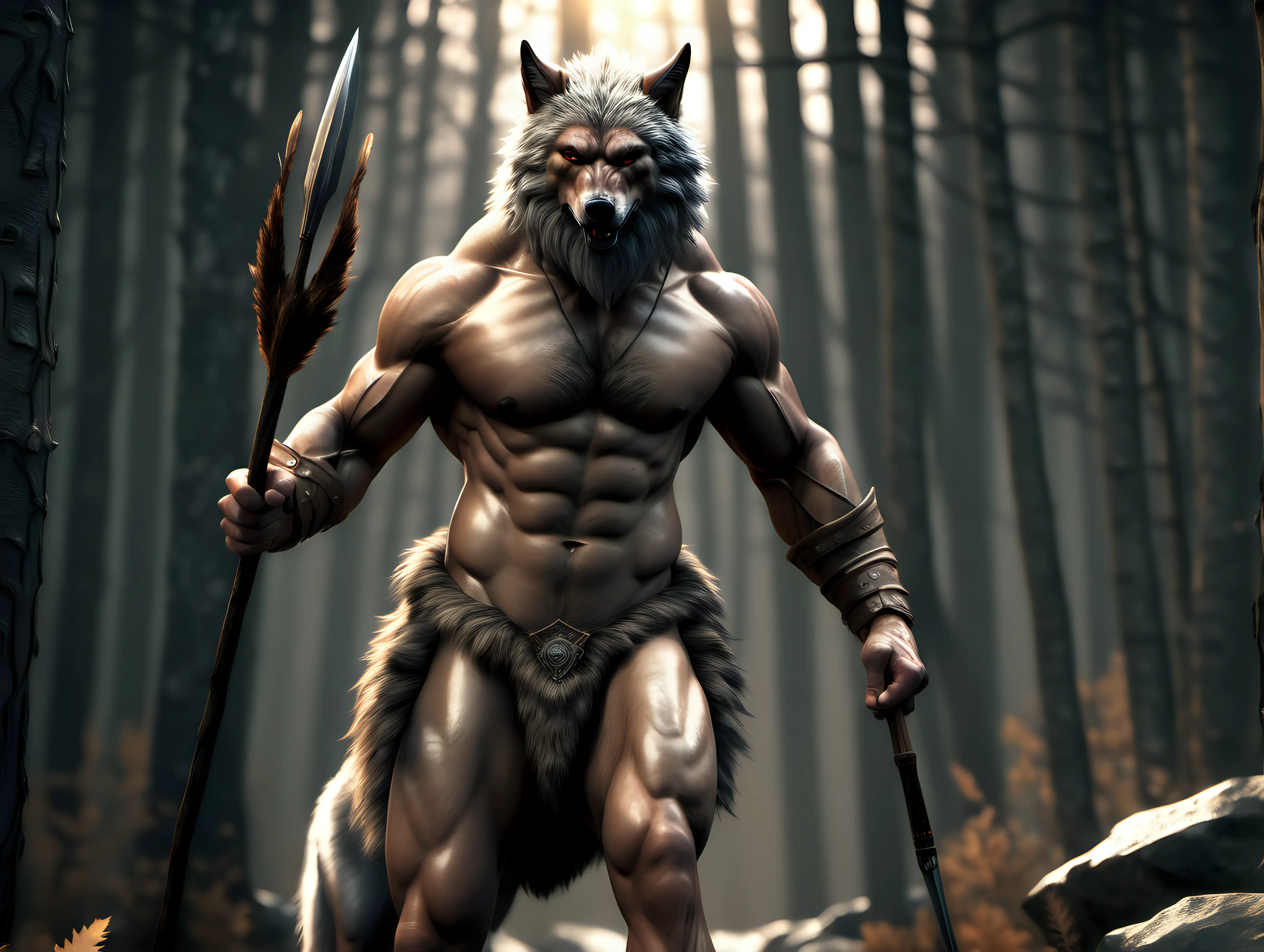 god of nature, naked, muscular, hairy, hunt, wild, forest, survival, horseback, strong, wolves, spear, fur, 8k ultrarealistic, 
