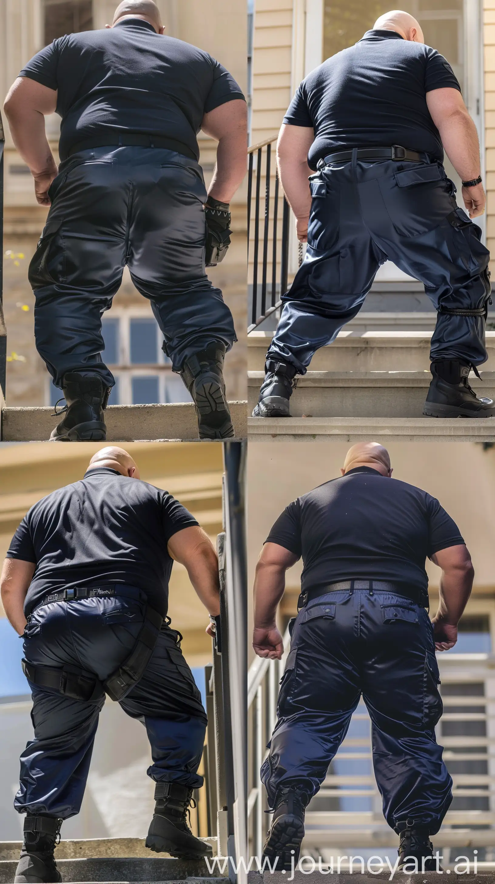 Close-up full body back view photo of a very fat man aged 60. The man is wearing silk navy tight and very stretched battle pants tucked in black tactical boots, tucked in silk navy sport polo shirt and a black tactical belt. The man is standing straight and climbing up stairs. Outside. Bald. Clean Shaven. Natural light. --ar 9:16
