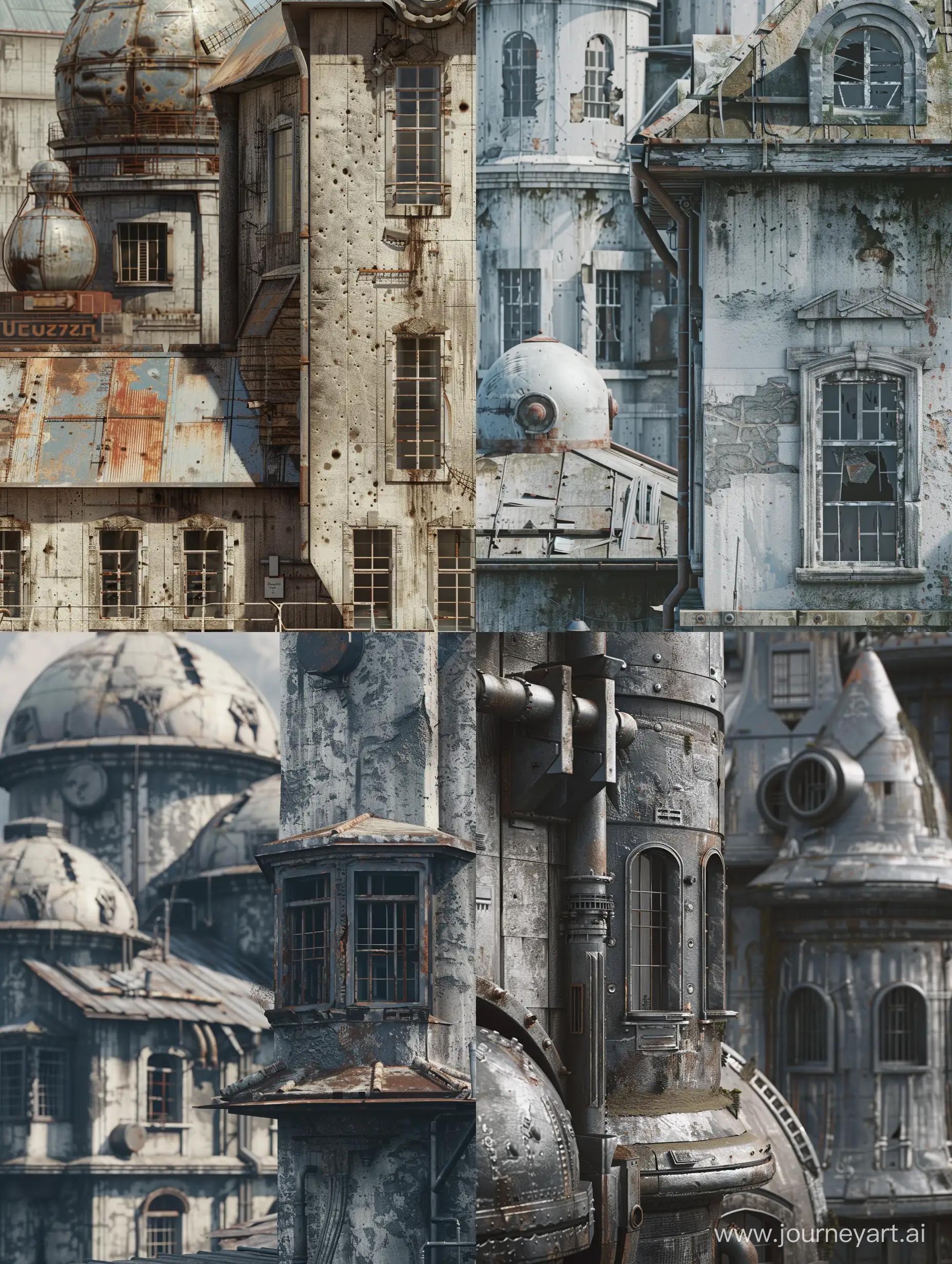 post-apocalypse, brutalism. front view. building. with a house in the Old Russian style. details of the Tower of the future. the windows of the Old Russian terem. domes. cyberpunk. metal and concrete. minimalism in close-up. post-apocalypse, brutalism. 8k. photorealism, unreal engine