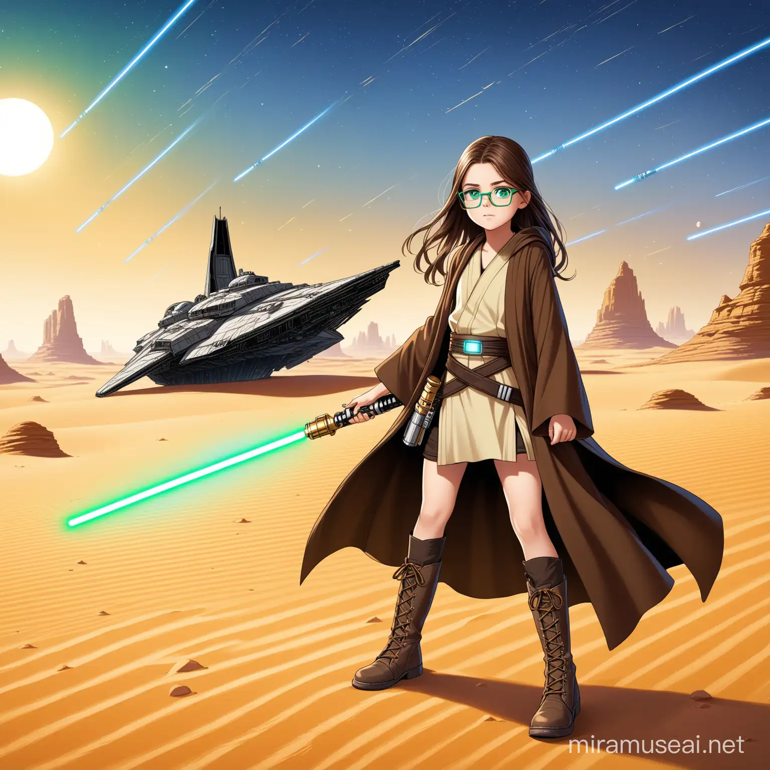 11 year old girl, long brown hair with gold highlights, jedi robes, gold lightsaber, black laced up boots, background desert with a crashed star ship, green eyes, blue glasses, 
