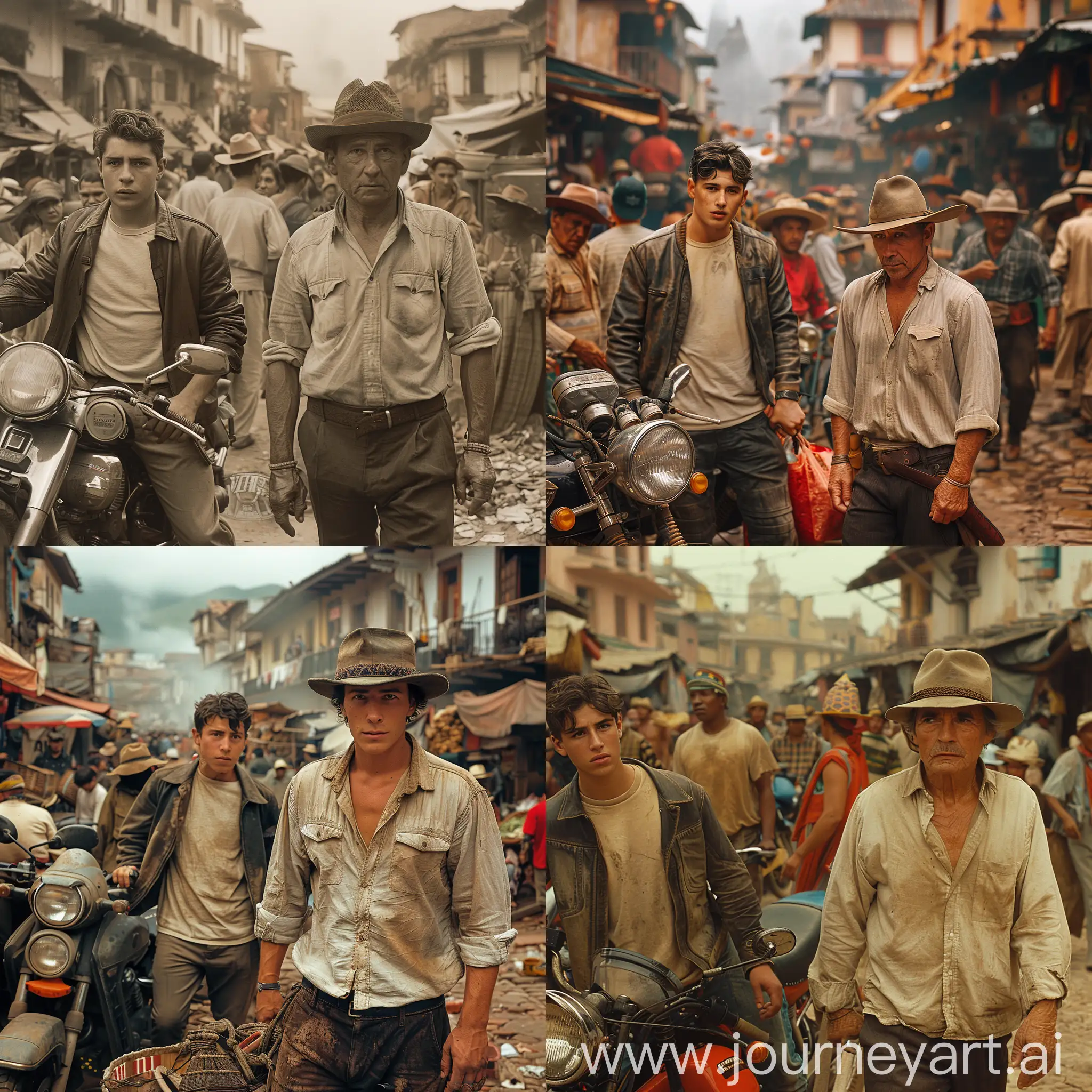 a bustling market or street scene in a rustic or perhaps historical setting. There are two main characters in the foreground that stand out from the rest:

On the left, there is a younger man wearing a light-colored T-shirt and a leather jacket, standing next to a motorcycle. He seems to be in his 20s or 30s, with a thoughtful or serious expression on his face.

On the right, there is an older man dressed in a light-colored shirt, dark pants, and a fedora-style hat. He exudes a sense of ruggedness and experience, and he seems to be walking with purpose through the market area.

The background is filled with other individuals who appear to be locals, dressed in various types of attire that suggest a cultural or regional identity, with many wearing hats and some in woven garments. The architecture and vehicles visible in the scene have a vintage look, indicating that the setting might be in a past decade or designed to give an old-fashioned atmosphere. There's a sense of activity and everyday life, with people engaged in various interactions or moving about the marketplace. The setting and costumes suggest that the narrative could be taking place in a Central or South American location, or somewhere with a similar cultural backdrop. --style raw --stylize 750.