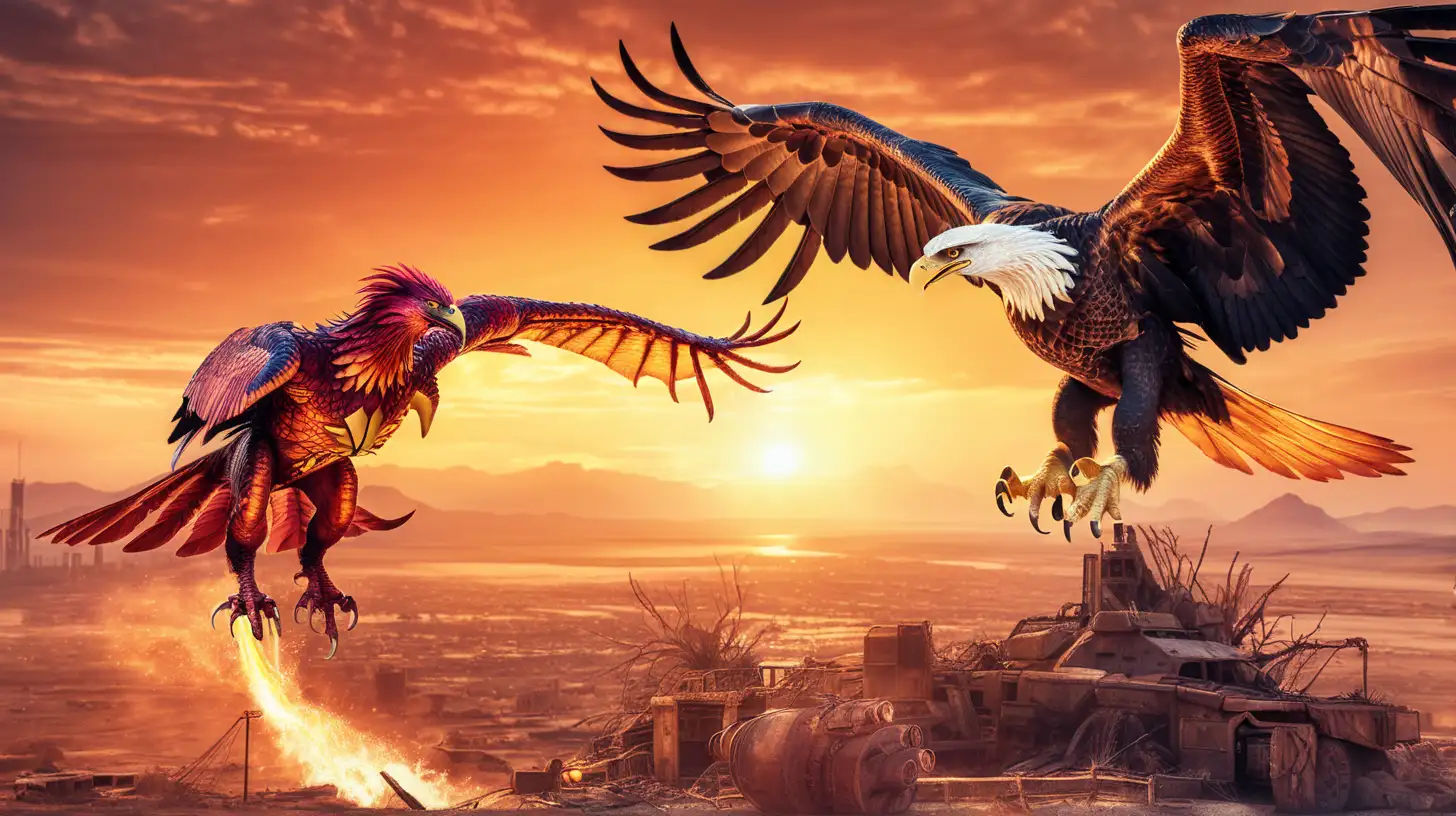 un aigle phoenix qui se bat avec un dragon au coucher du soleil ,  dans un decor de fin du  monde ,en mode image de synthèse , science fiction