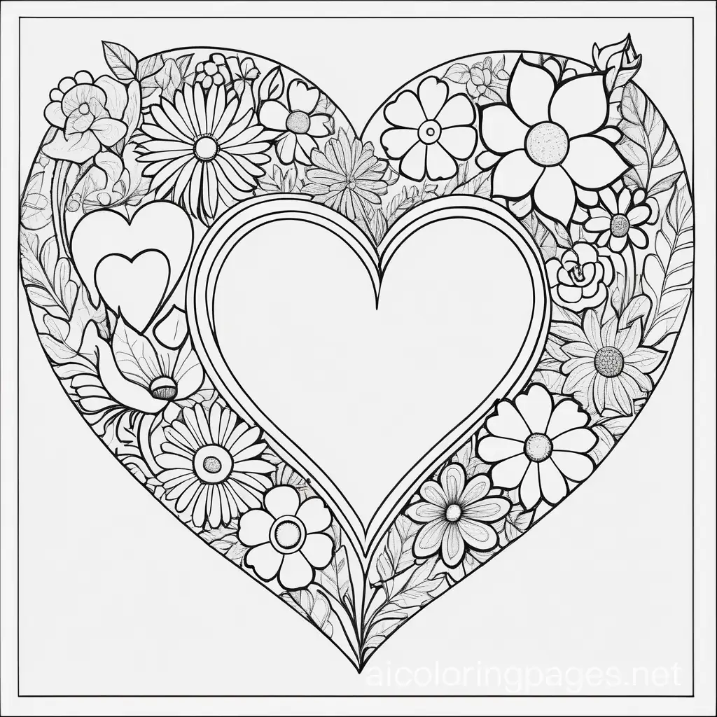 coloring book for children, different flowers around two hearts, detailed, in a simple cartoon style, black and white, dashed graphics, white background, simplicity, enough white space, in a simple cartoon style, isolated, Coloring Page, black and white, line art, white background, Simplicity, Ample White Space. The background of the coloring page is plain white to make it easy for young children to color within the lines. The outlines of all the subjects are easy to distinguish, making it simple for kids to color without too much difficulty