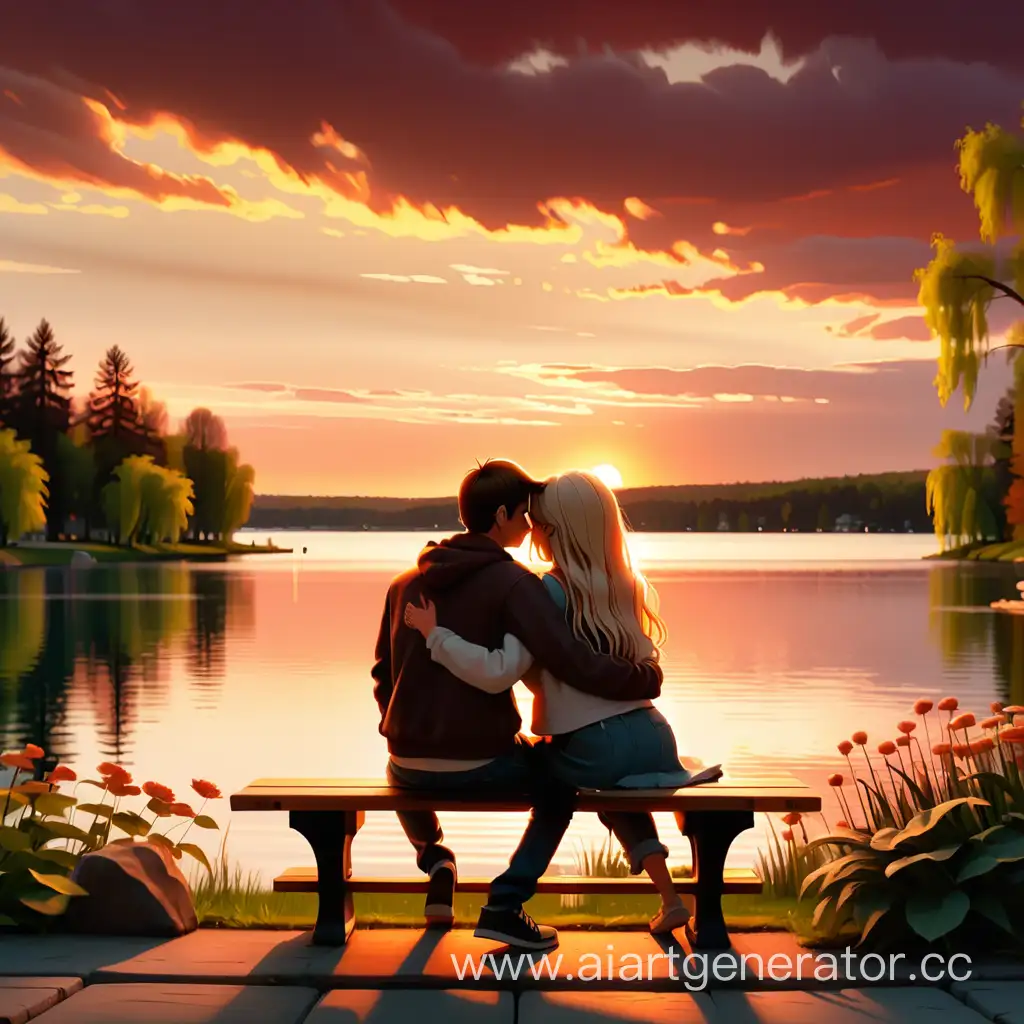 парень и девушка сидят возле озера во время красивейшего заката на скамейке обняв друг друга 