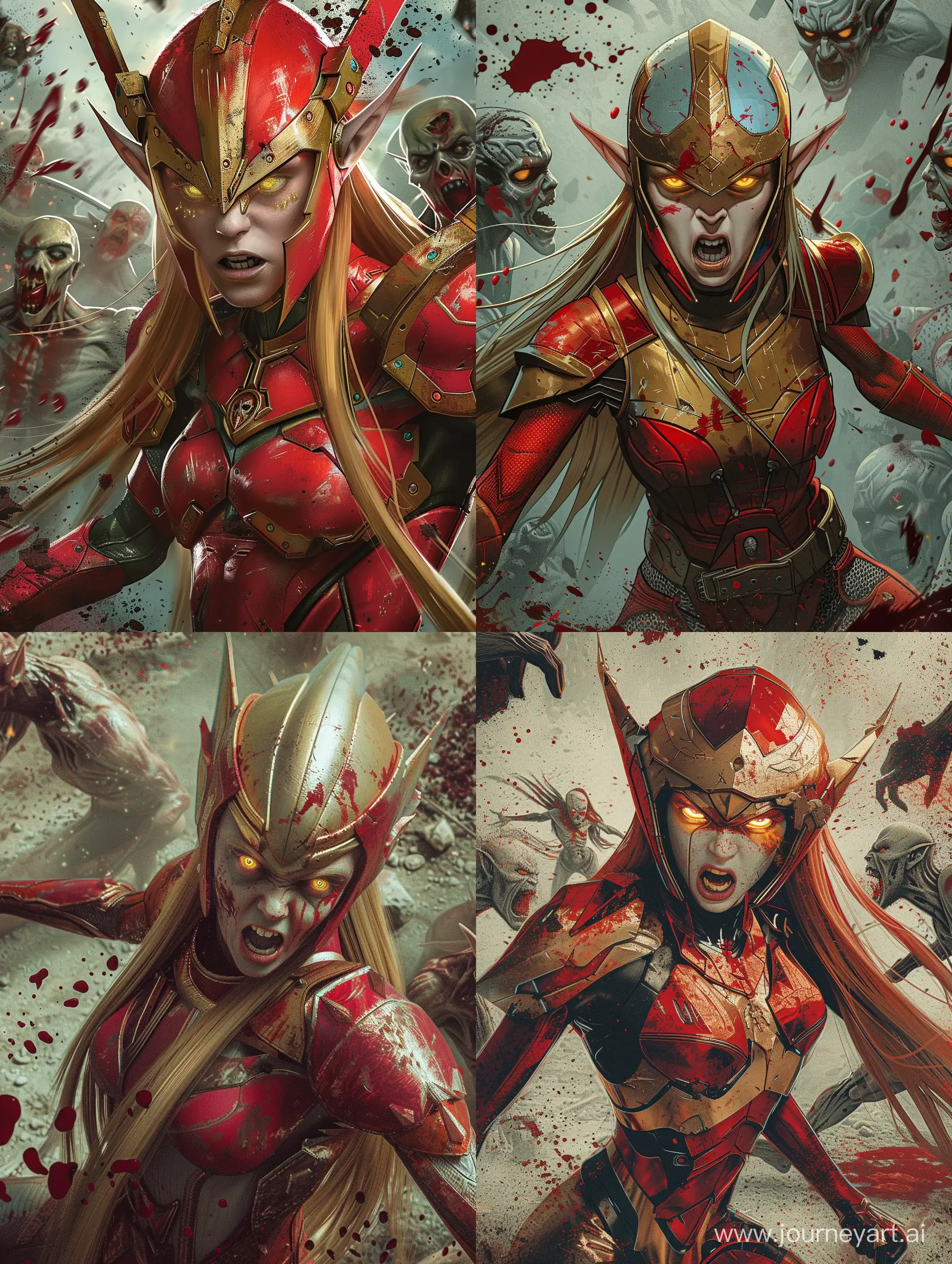 A beautiful elf woman in red and gold armor, long straight holographic hair, almond-shaped golden eyes, anger on her face, a helmet that does not hide her face, fights alone on the battlefield with an army of scary zombies, blood splashes, dirt, high detail dark symbolism, dark white and red, pixelated realism, detailed character expressions, dark cyan and red, fairycore,