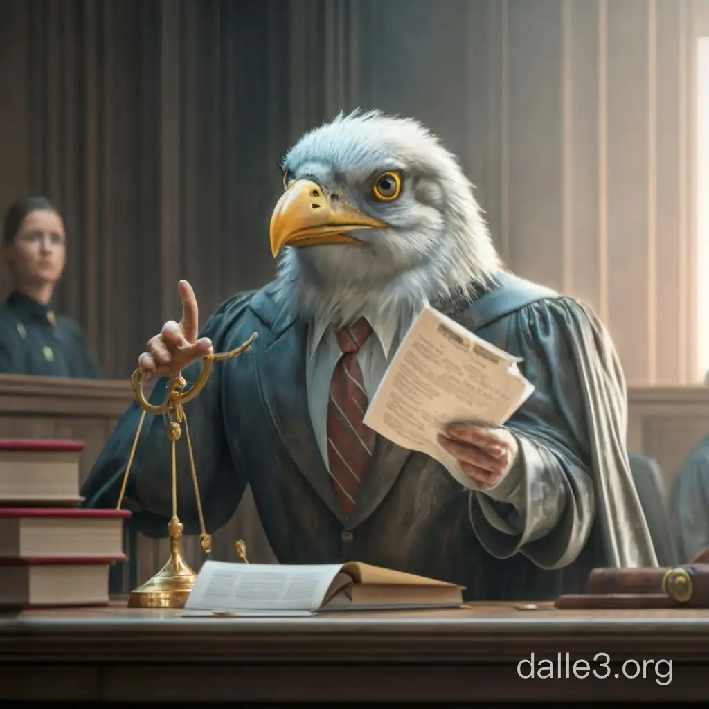 Птица адвокат зачитывает приговор в суде. Детализация