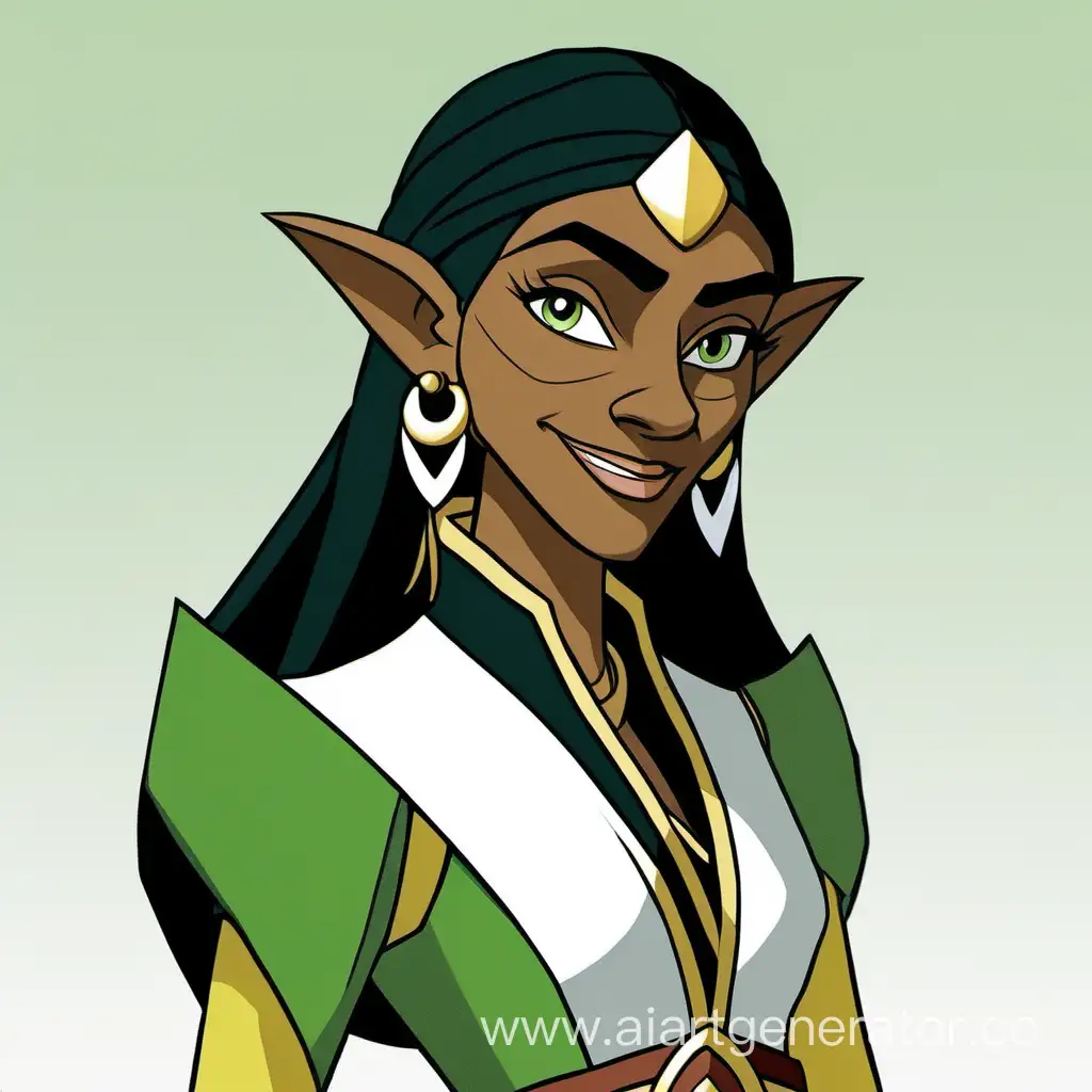 Chel from The Road to el Dorado characterised as a Dungeons and Dragons high elf, dressed in black, green and white garments
