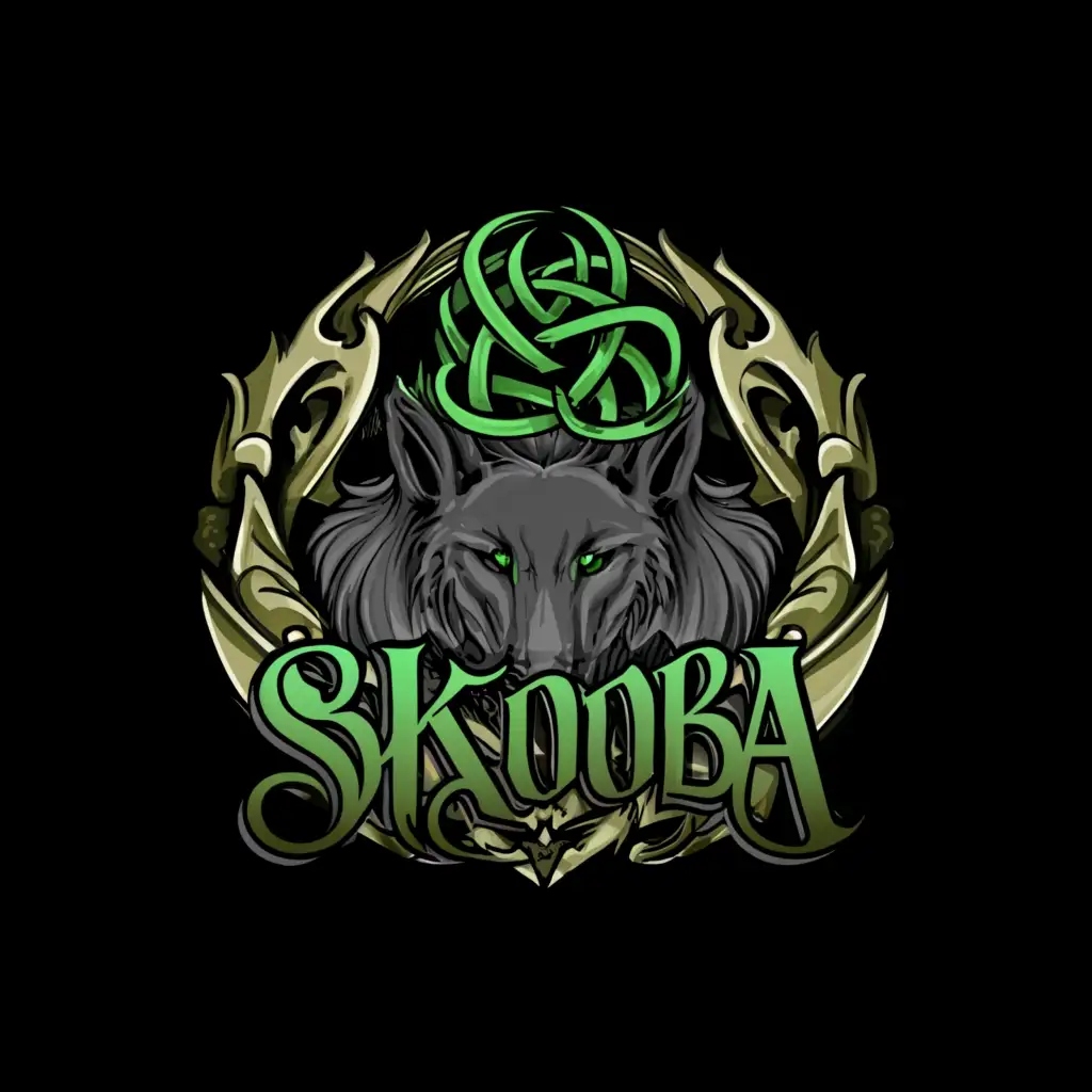 a logo design,with the text "SkooBa", main symbol:Wolf, Ouroboros, green, Gothic, fire,complex,clear background