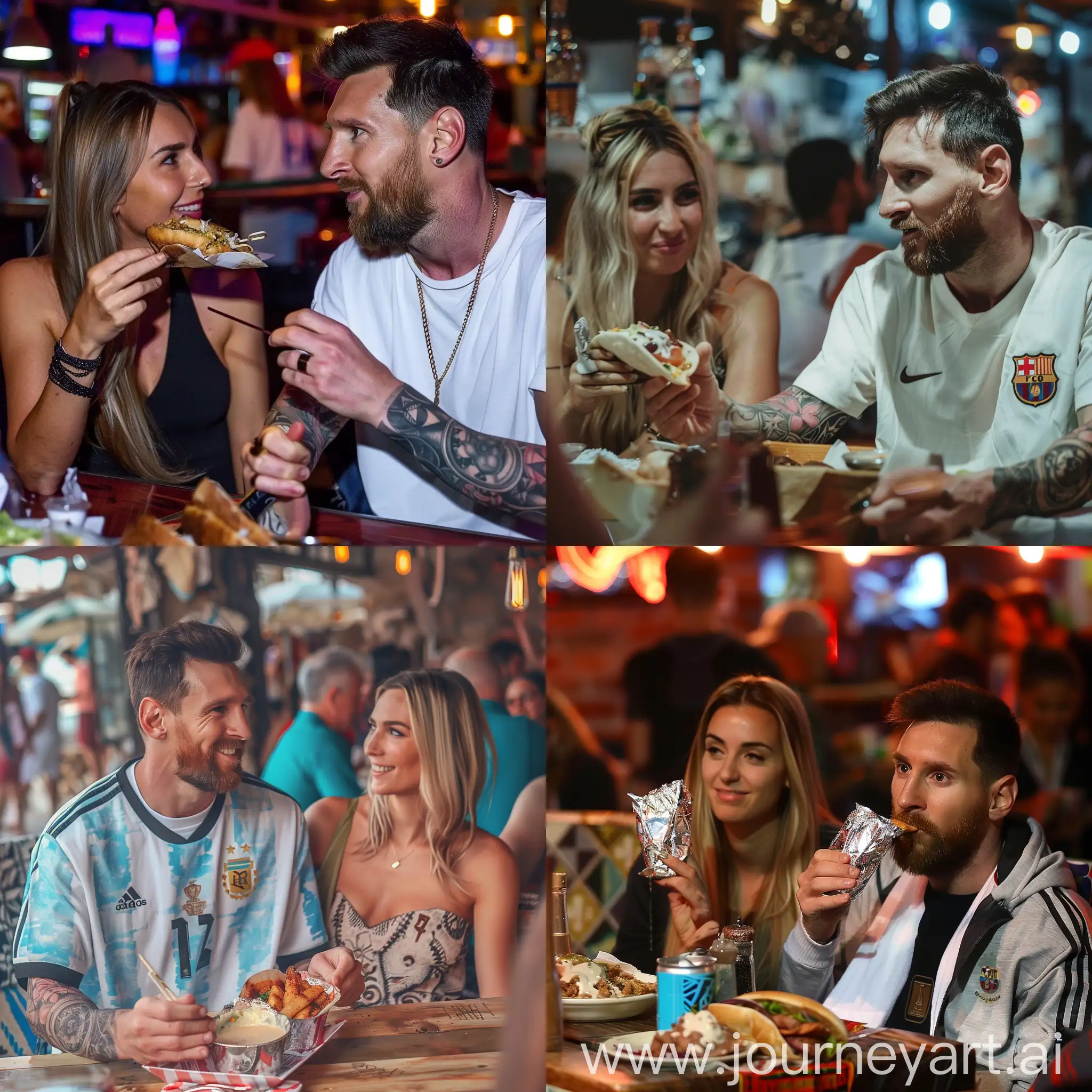 Lionel Messi in a Greek tavern eating gyro with his girlfriend 