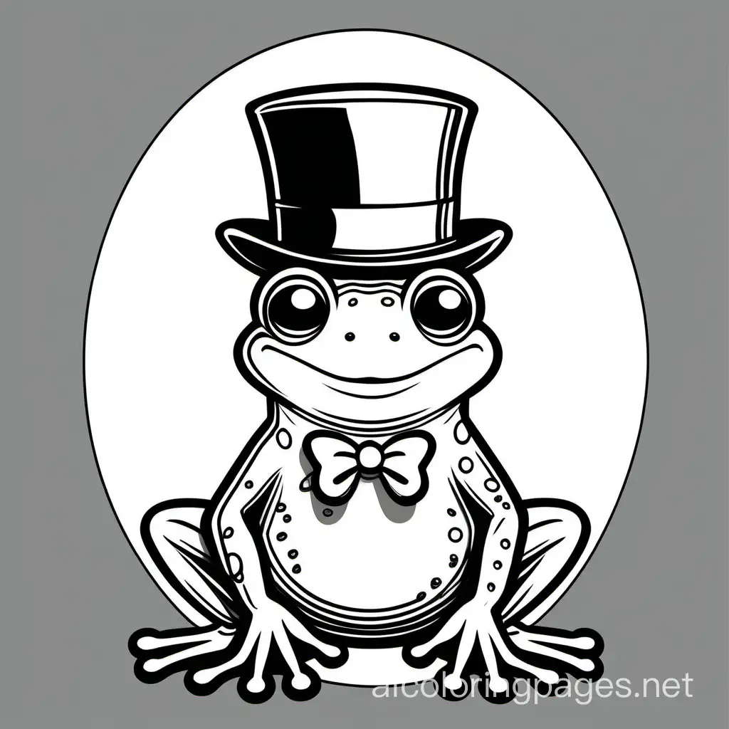Frog with a top hat, Coloring Page, black and white, line art, white background, Simplicity, Ample White Space. The background of the coloring page is plain white to make it easy for young children to color within the lines. The outlines of all the subjects are easy to distinguish, making it simple for kids to color without too much difficulty