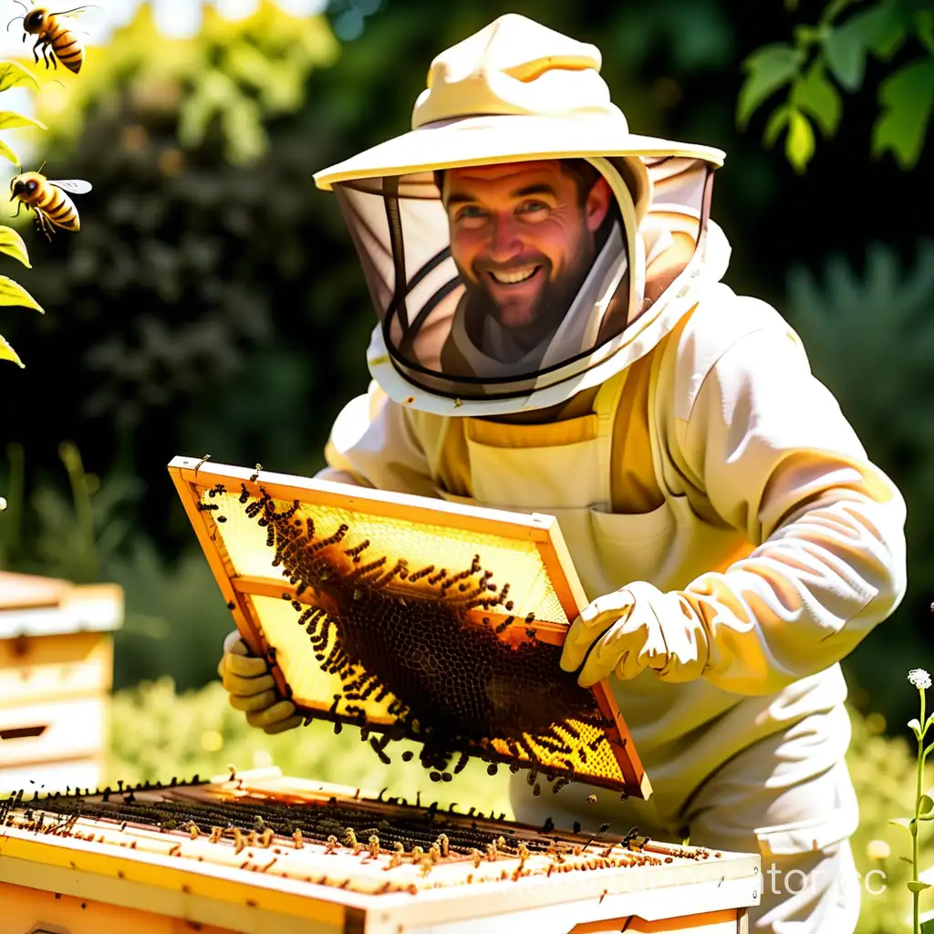 Experienced-Beekeeper-Tending-to-Hives-in-a-Sunlit-Meadow
