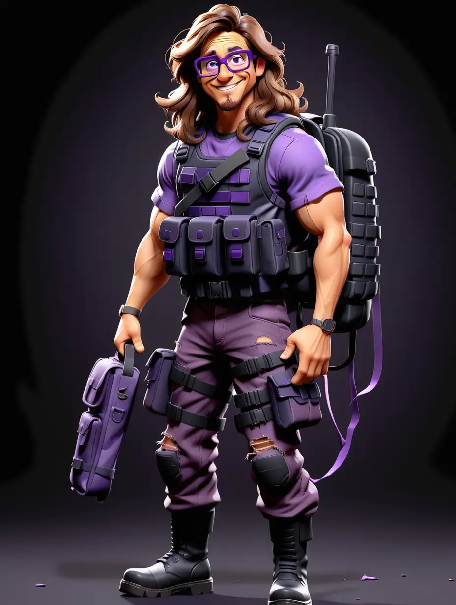 30 year old male with long brown hair, square glasses, ripped purple swat outfit and small backpack, black boots, full body view, leader pose, black background, disney style, shotgun in hands, happy