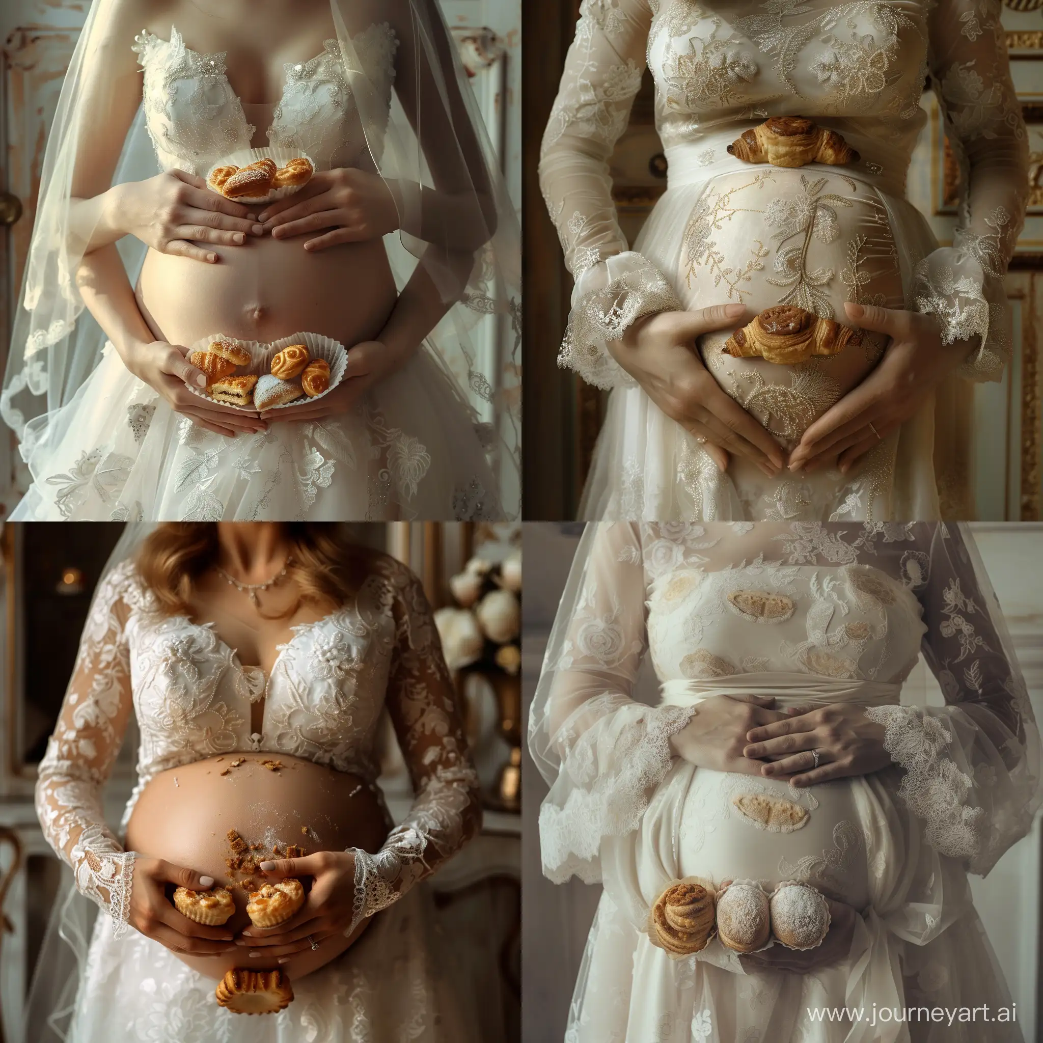 Жена в свадебном платье есть пирожные, у нее выпирает живот, 4К, ульта HD, реализм
