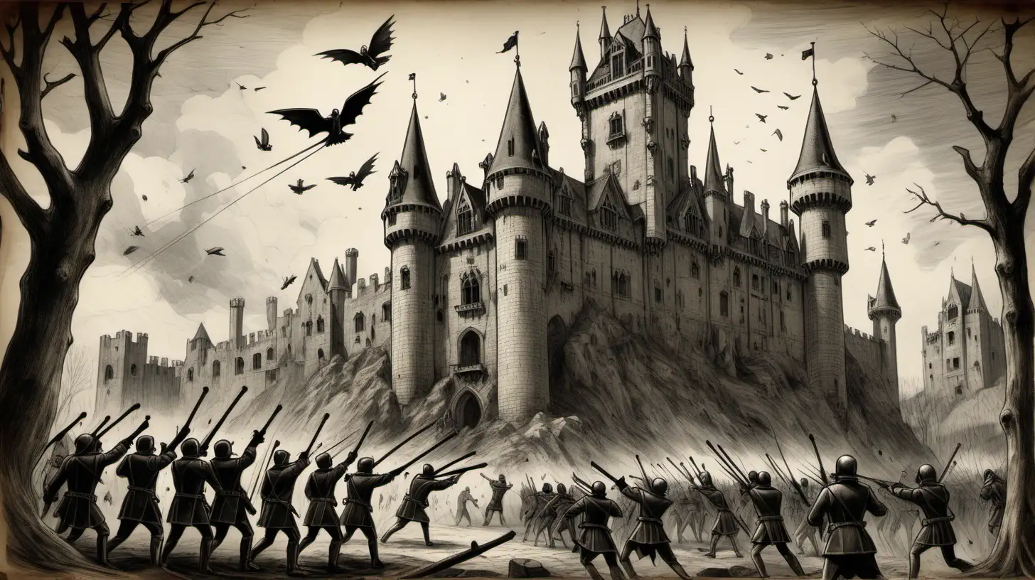 Draw a picture of an old gothic castle with soldiers surrounding the castle and throwing slingshots at a naked woman.