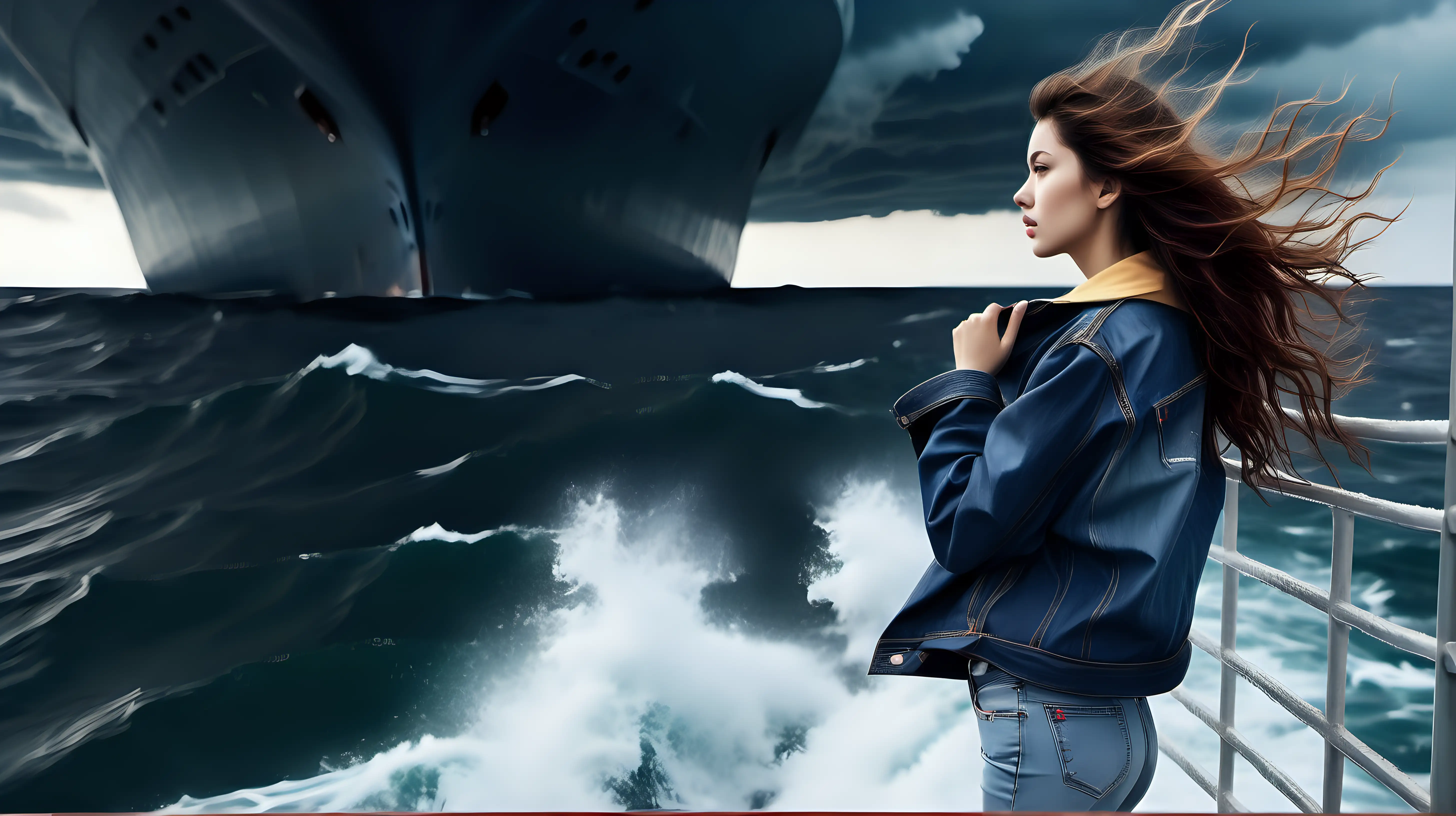real_photo_beauty_girl jacket jeans pants alone watching from ship  side sea in storm horizon ship near rain wind big waves
