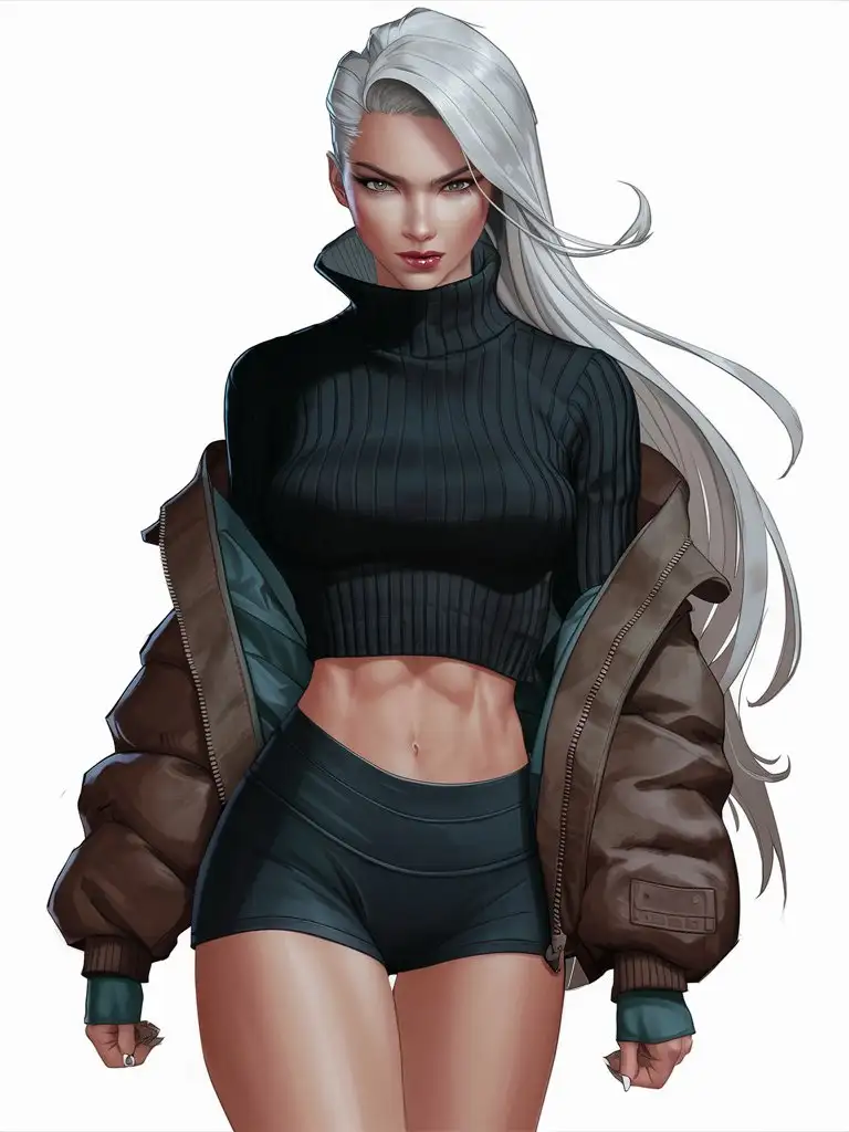 Female character, athletic body, long white hair, black tight sweater with tall neck, brown jacket, jeans, piercing