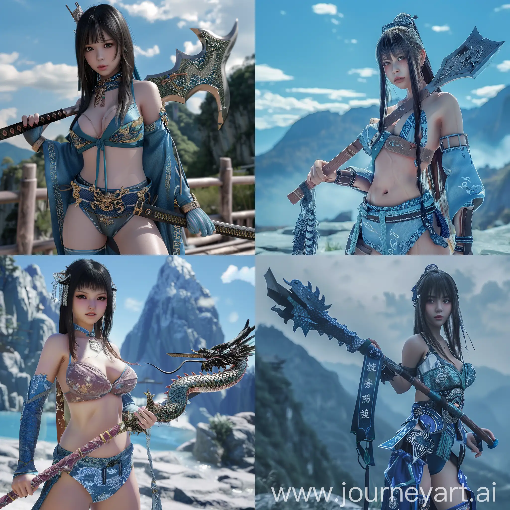 Background Mountain And İn The sky chinese Dragon color azure.A low-cut very Beatiful and cute Japanese  Realistic Cosplay girl holding a big machete.quality unreal engine 4