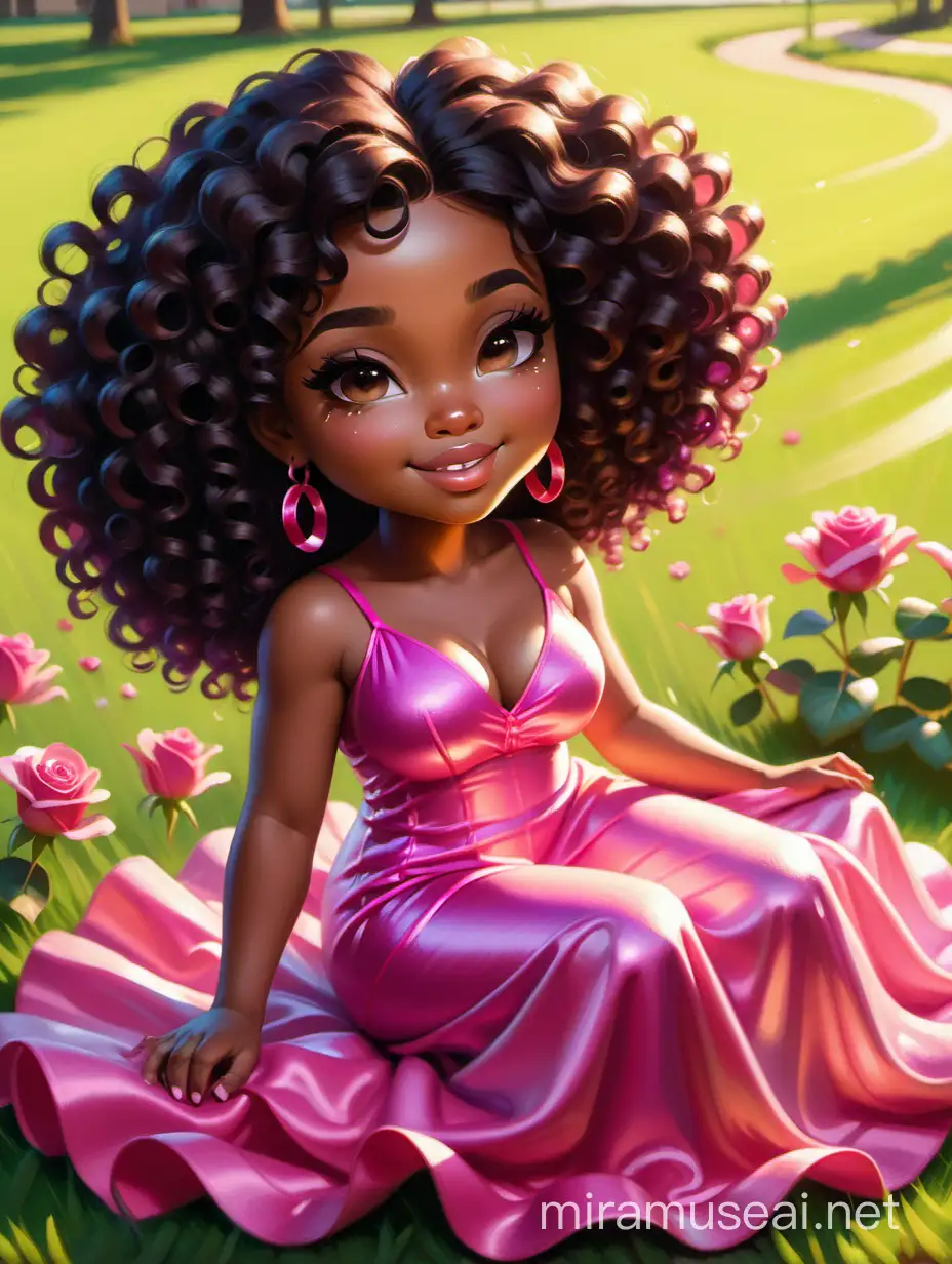 Chibi Curvaceous Woman Relaxing in Hot Pink Maxi Dress Surrounded by Roses