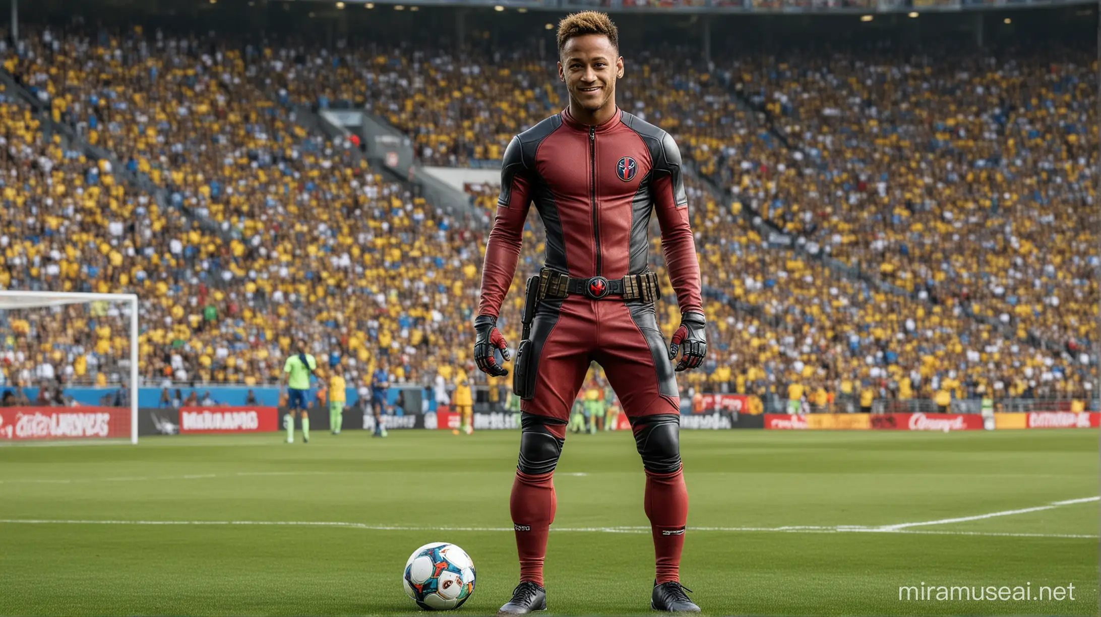 Neymar Júnior the Brazilian Soccer player transformes into the comic book superhero Deadpool, full body, looking directly at the camera, without head cover, so Smiley face, blue eyes, in the football field, he is standing with a ball next to him.