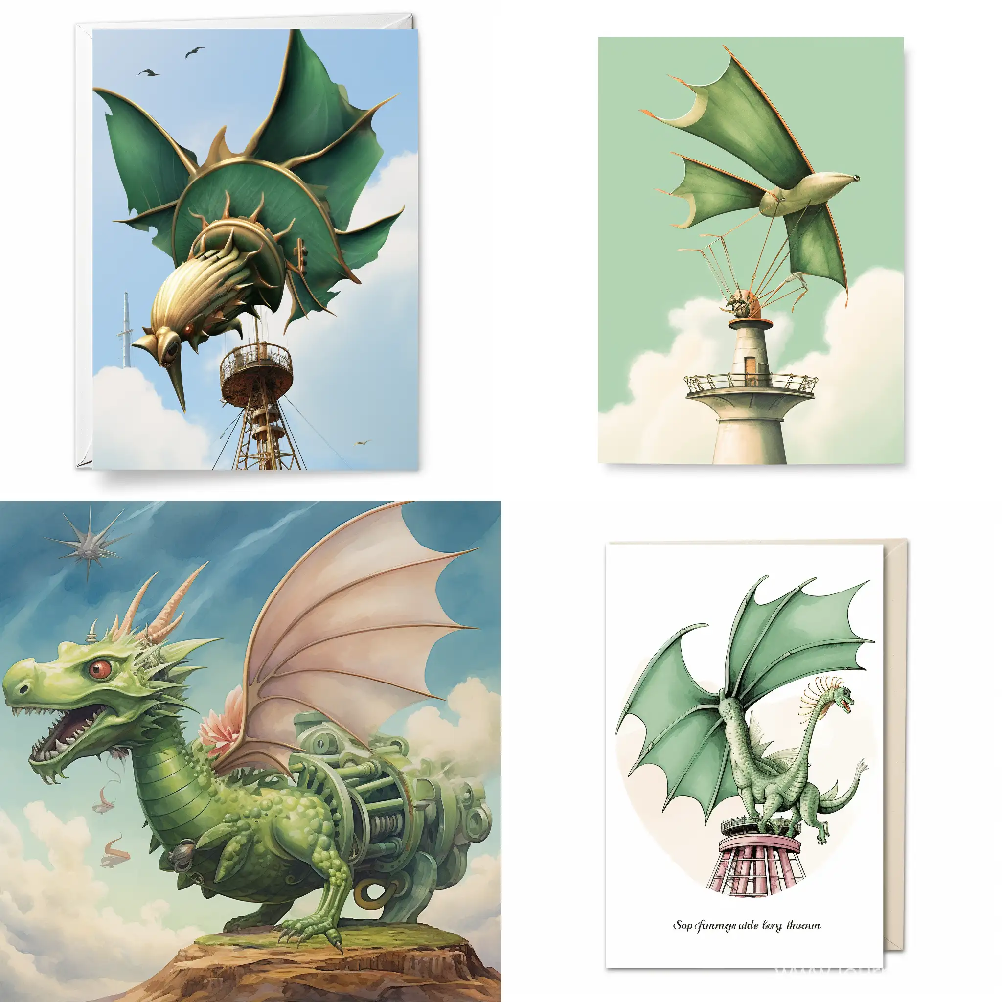 поздравительная открытка зеленый дракон летит на турбине