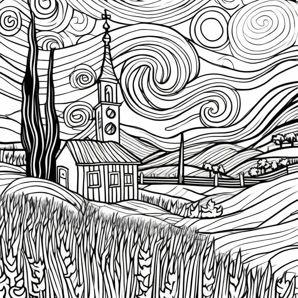 Create a coloring page reproduction of van gogh painting with simple lines and white interior