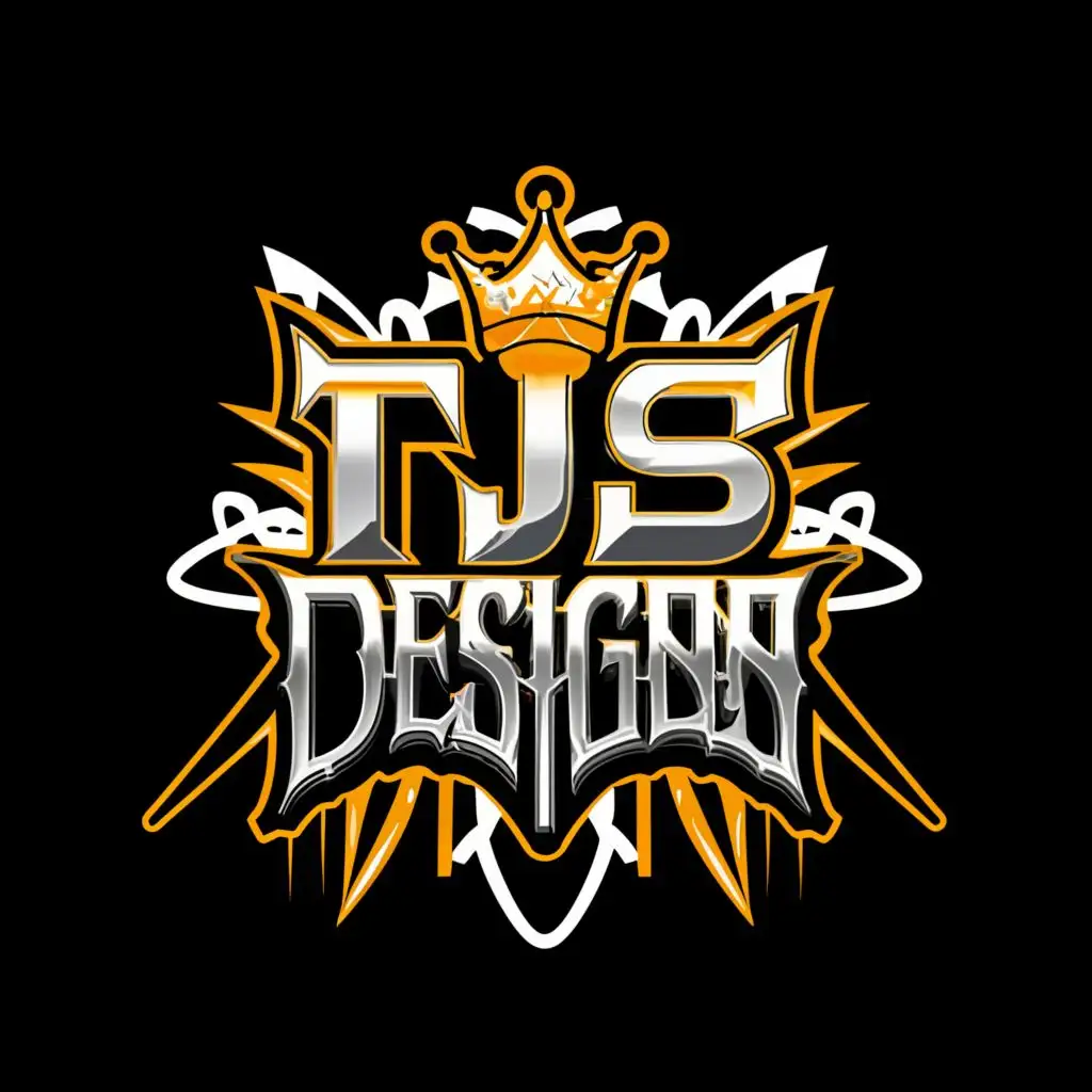 a logo design,with the text "TjS design", main symbol:graphitti lettering with kings crown,complex,clear background