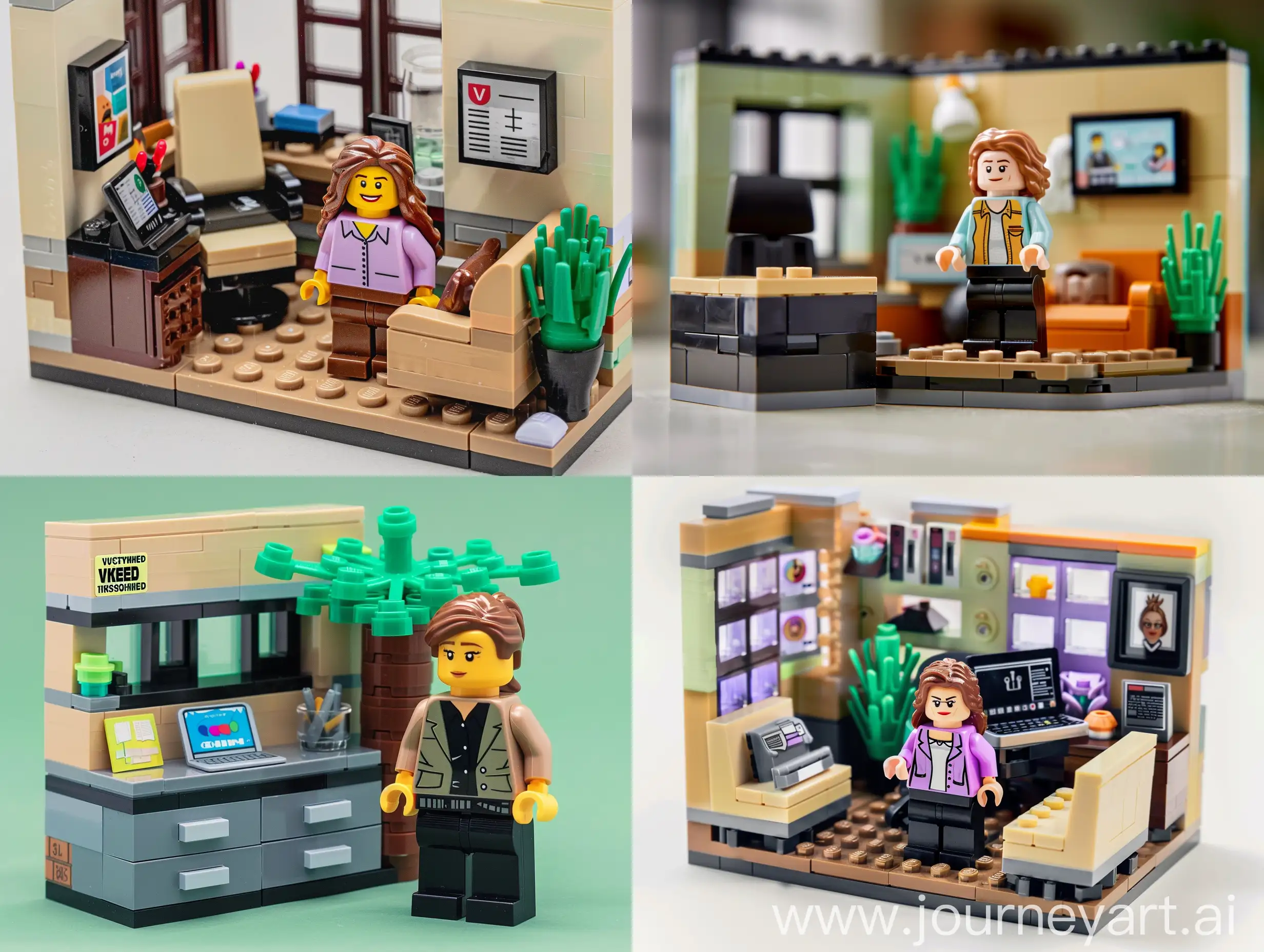 An imaginative LEGO-style box set titled VÆKSTVIRKSOMHED, designed for business professionals. The box art should display a vibrant office space. The set includes a LEGO figure of a business woman. 