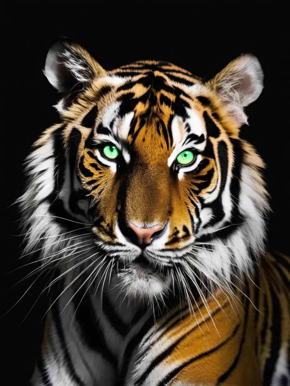A tiger with green eyes looking straight black backround 