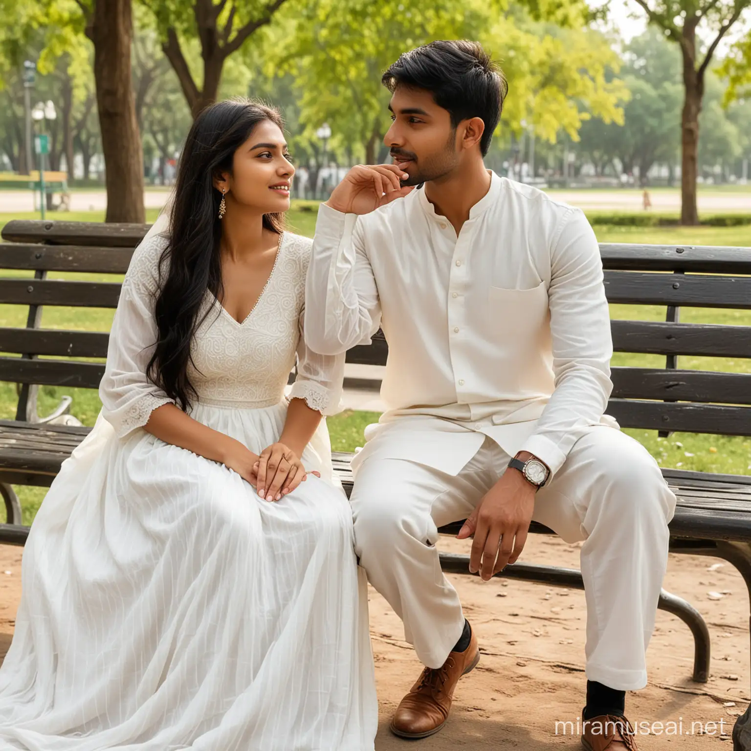Modern Indian Couple Sitting on Park Bench