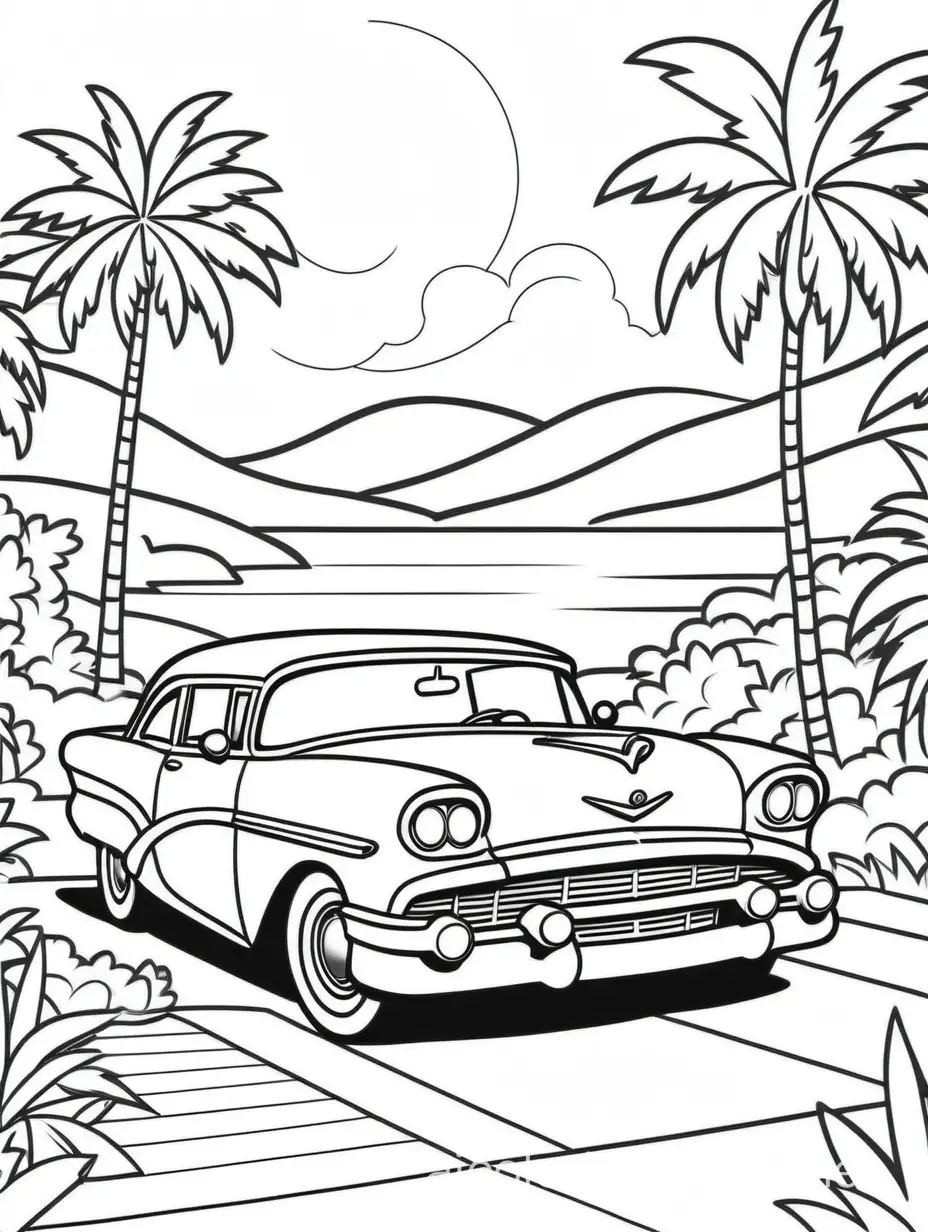 50s car in the summertime





, Coloring Page, black and white, line art, white background, Simplicity, Ample White Space. The background of the coloring page is plain white to make it easy for young children to color within the lines. The outlines of all the subjects are easy to distinguish, making it simple for kids to color without too much difficulty