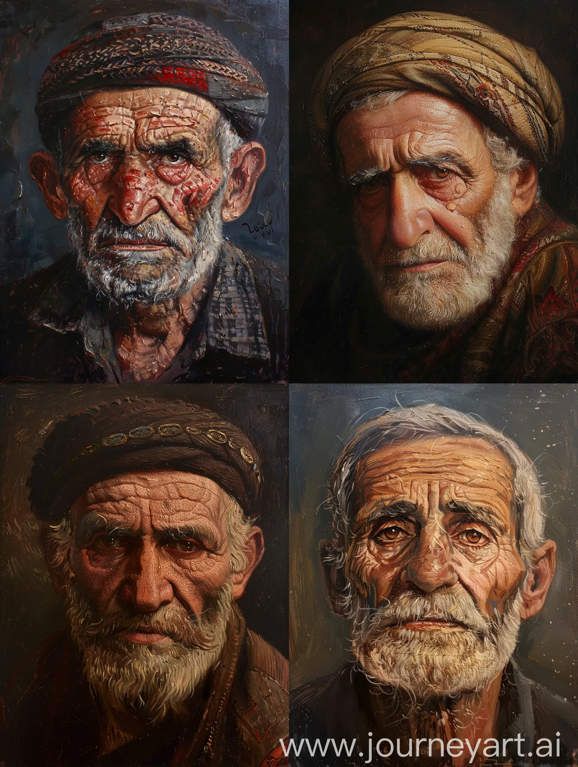 An old anatolian Greek man, veteran of the ottoman army. His eyes give off the sense that he has seen a lot of horrible things, but he still looks sturdy, strong and proud. Ottoman period. Islamic Renaissance style, Leonardo Davinci style, very detailed, oil painting.