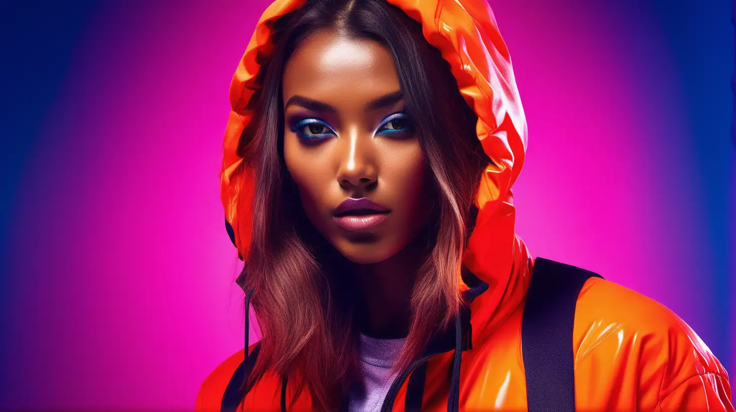 "Compose a striking image of a model in a sporty yet stylish outfit against a vibrant neon background, focusing on facial details and delivering a high-resolution image that pops with energy."