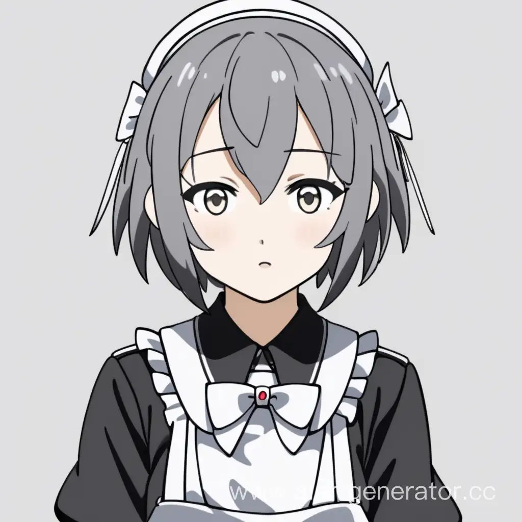 full body view anime girl with short grey hair. She has a nervous expression and pose and wears a maid uniform along with a black jacket.