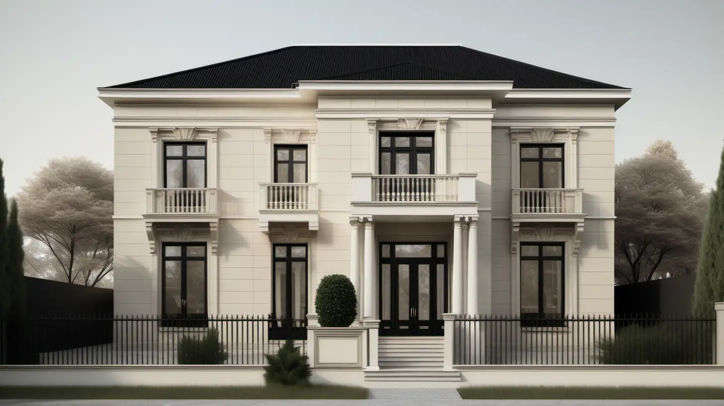 a hyperrealistic image of a two-storey Modern Neo-Classical home exterior ; beige, ivory, black colour palette

