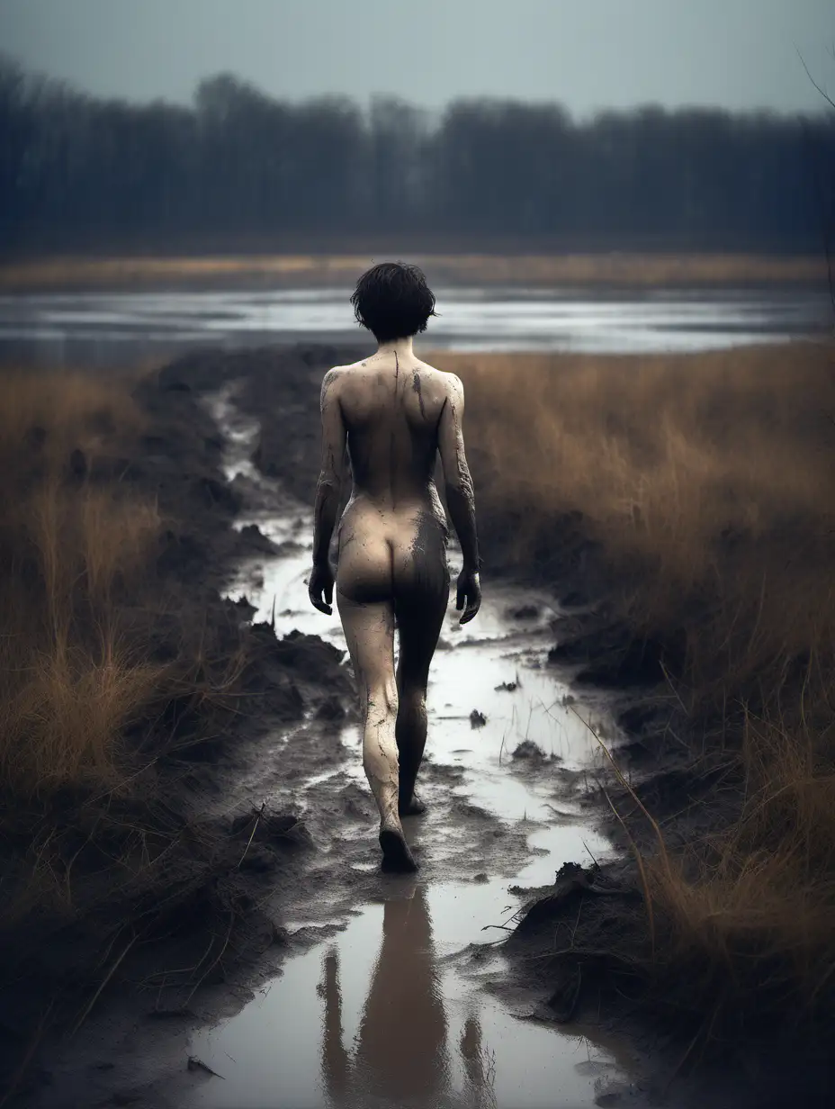 Realista, calidad fotográfica, mujer llena de barro y desnuda , de cabello corto, se va caminando y se encuentra un paisaje hermoso enfrente de ella esperanzador, gran plano general, oscuro 