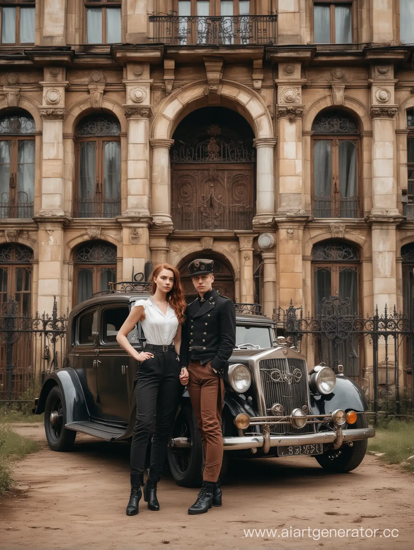 девушка с парнем стоят возле автомобиля на фоне старого особняка с подъездной аллеей и коваными воротами. Стиль стимпанк, дизельпанк, атомпанк