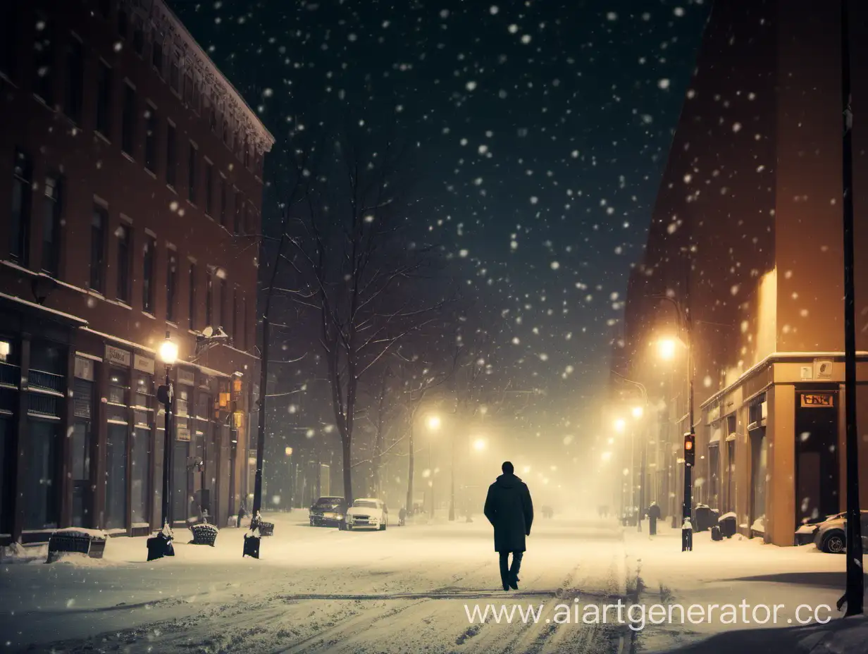 ночь, снег, улица, город, автомобили, теплый свет, одинокий парень идет