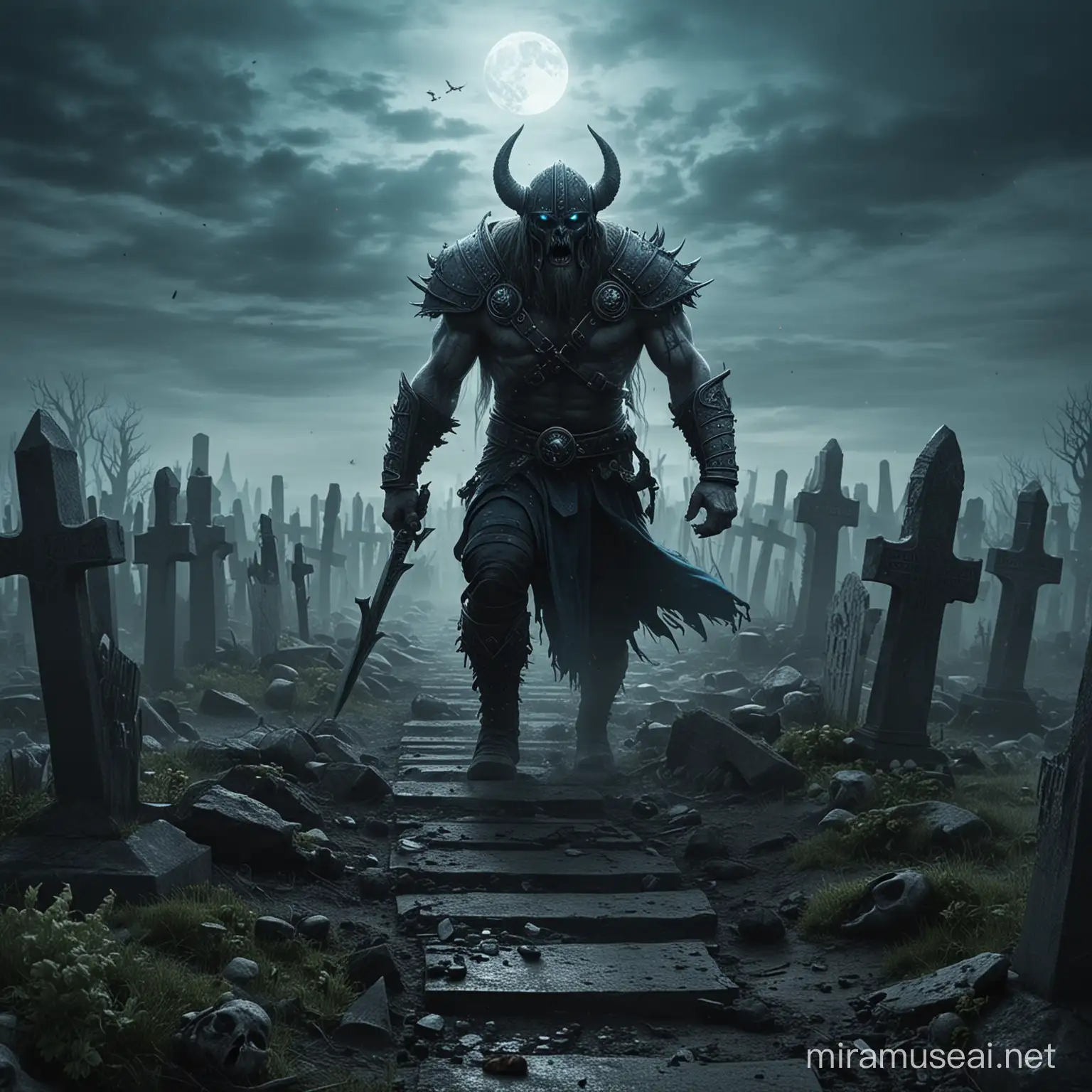 légion de démon viking sortant de tombes, cimetières, bleu planète
