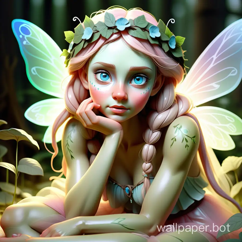 art illustration light transparent outline graphics. Slavic forest fairy sitting on the floor. Natural costume, lively blue eyes, perfect skin, light makeup, tender, dimples on the cheeks. Emotional. Clarity, sharpness. White background. High quality. Very realistic model. Pink, green tones.