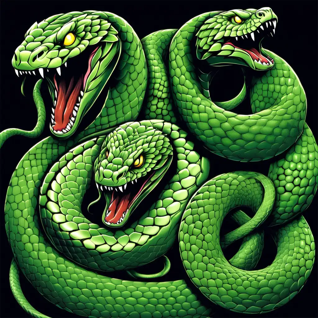 Ferocious Trio of Green Snakes Intense Serpent Trio with Dominant Hissing