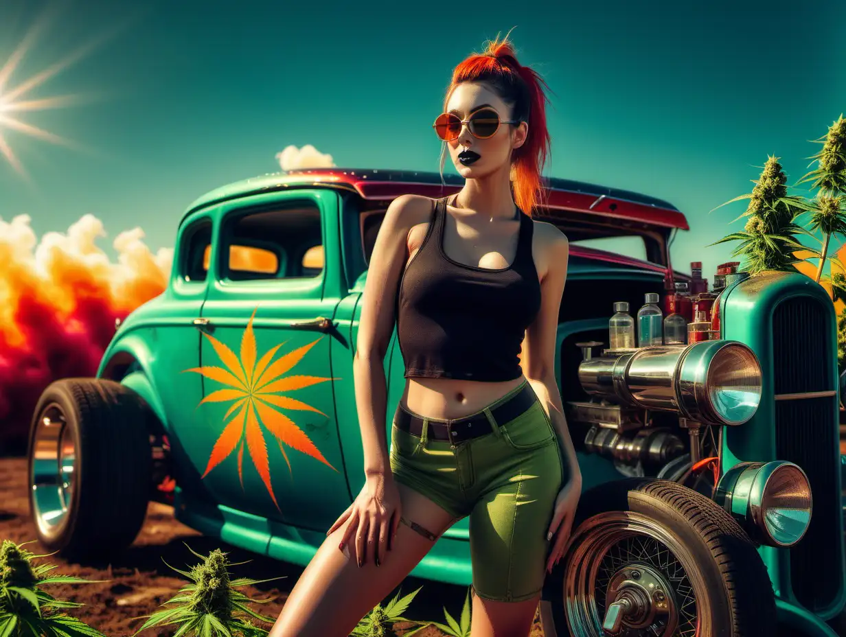 A Greasy, Sexy Female Mechanic in a field of cannabis, standing in front of a Hot Rod, with rich colors, futuristic look, bright sun colors
