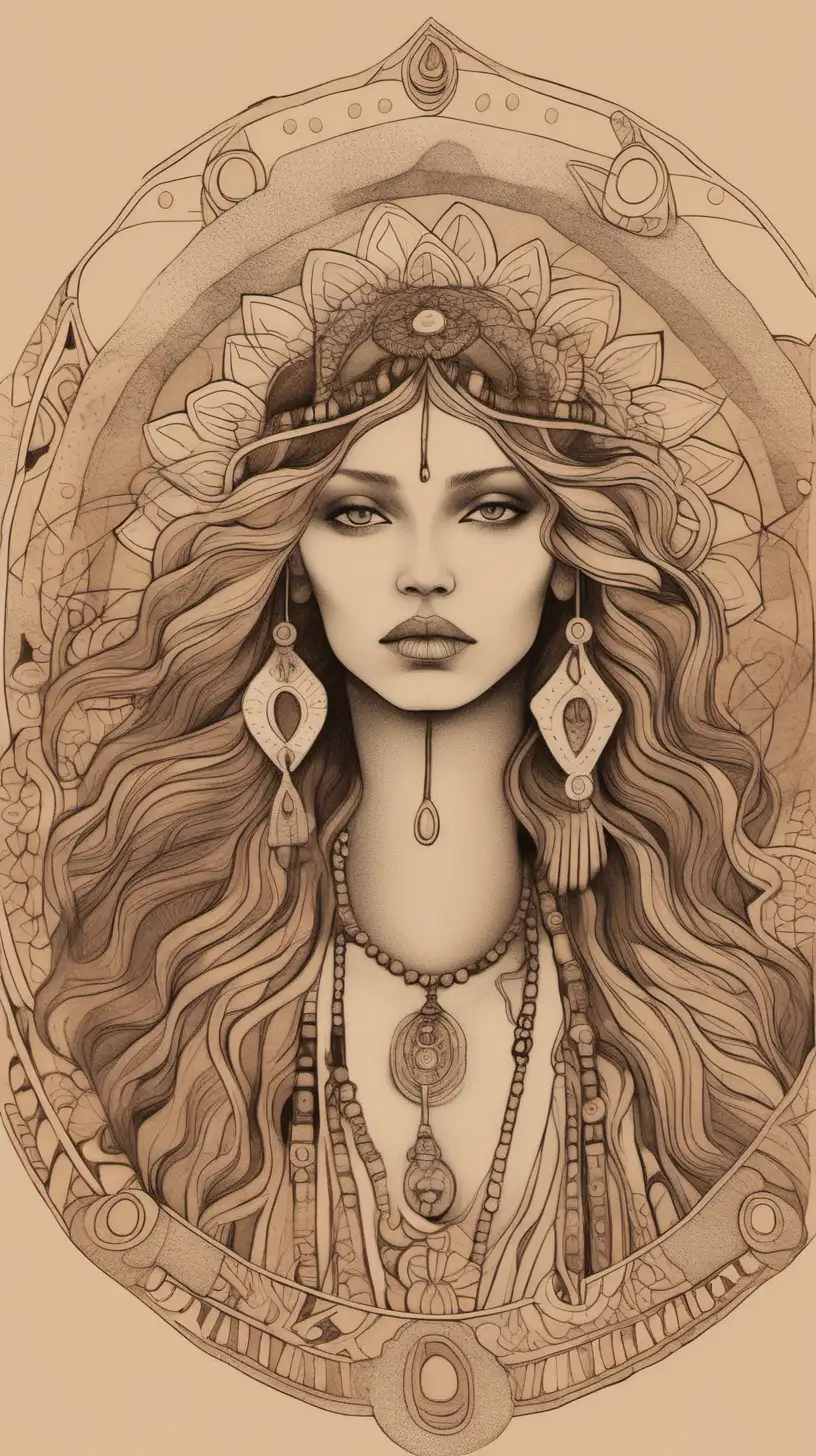a drawing reflecting bohemian aesthetics with earthy tones, feminine motifs and symbols of connection and community. Convey a sense of empowerment, wellness and femininity