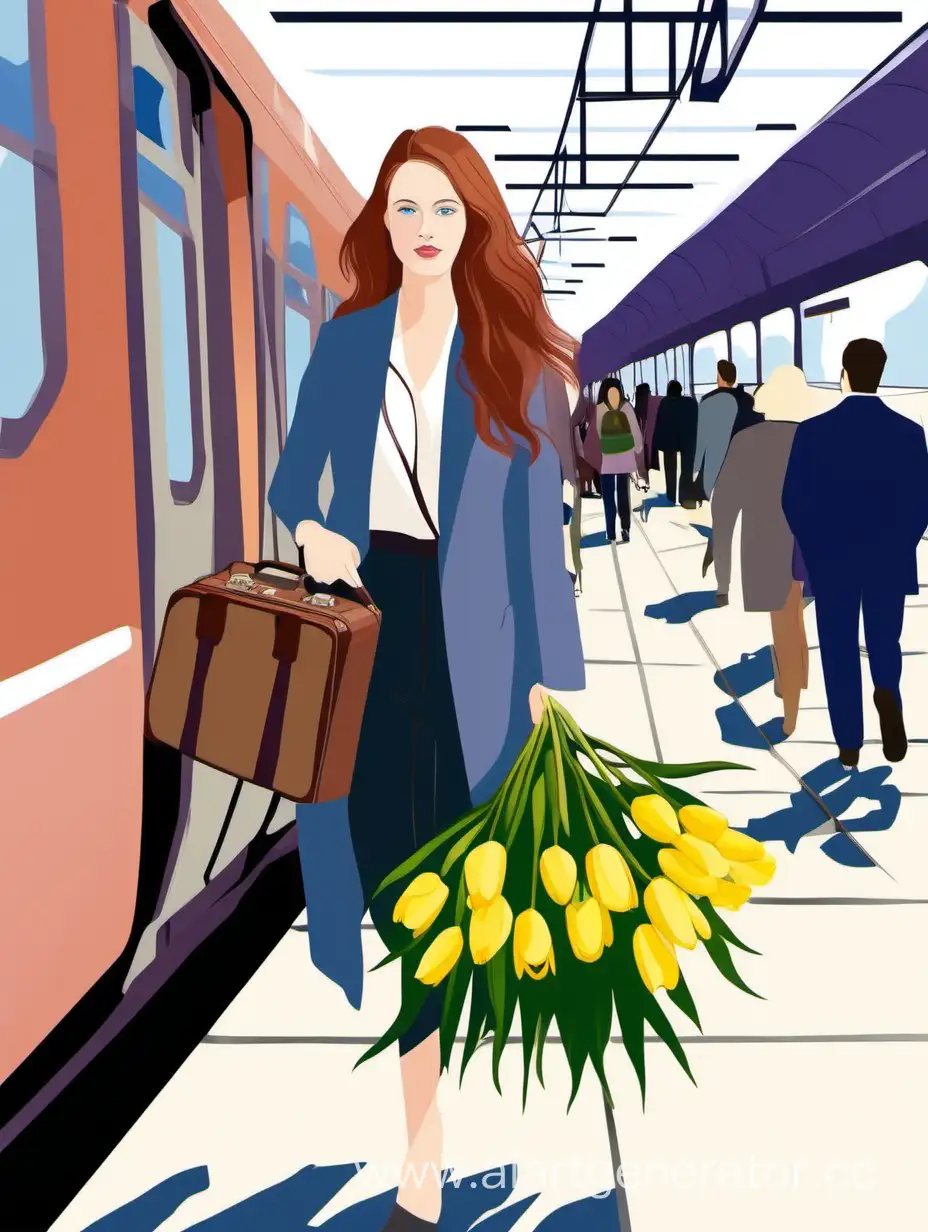 Stylish-Woman-Walking-on-Platform-with-Bouquet-and-Suitcase