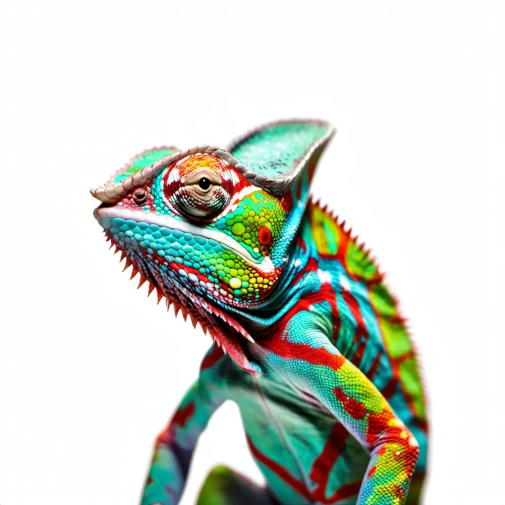 Chameleon, entire body, facing forward, centred, wide shot photo, style of ultrafine detail, high quality photo, no shadow, white background, 95 mm f/8