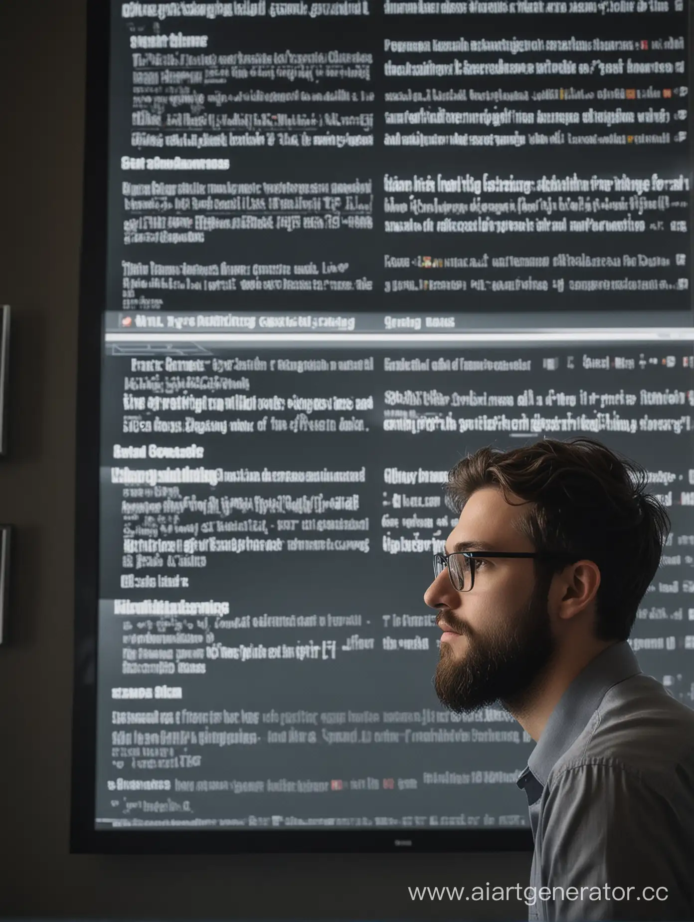 Молодой человек с бородой и в очках задумчиво смотрит в экраны с котировками, графиками. На стене телевизор с Bloomberg или CNBC.
