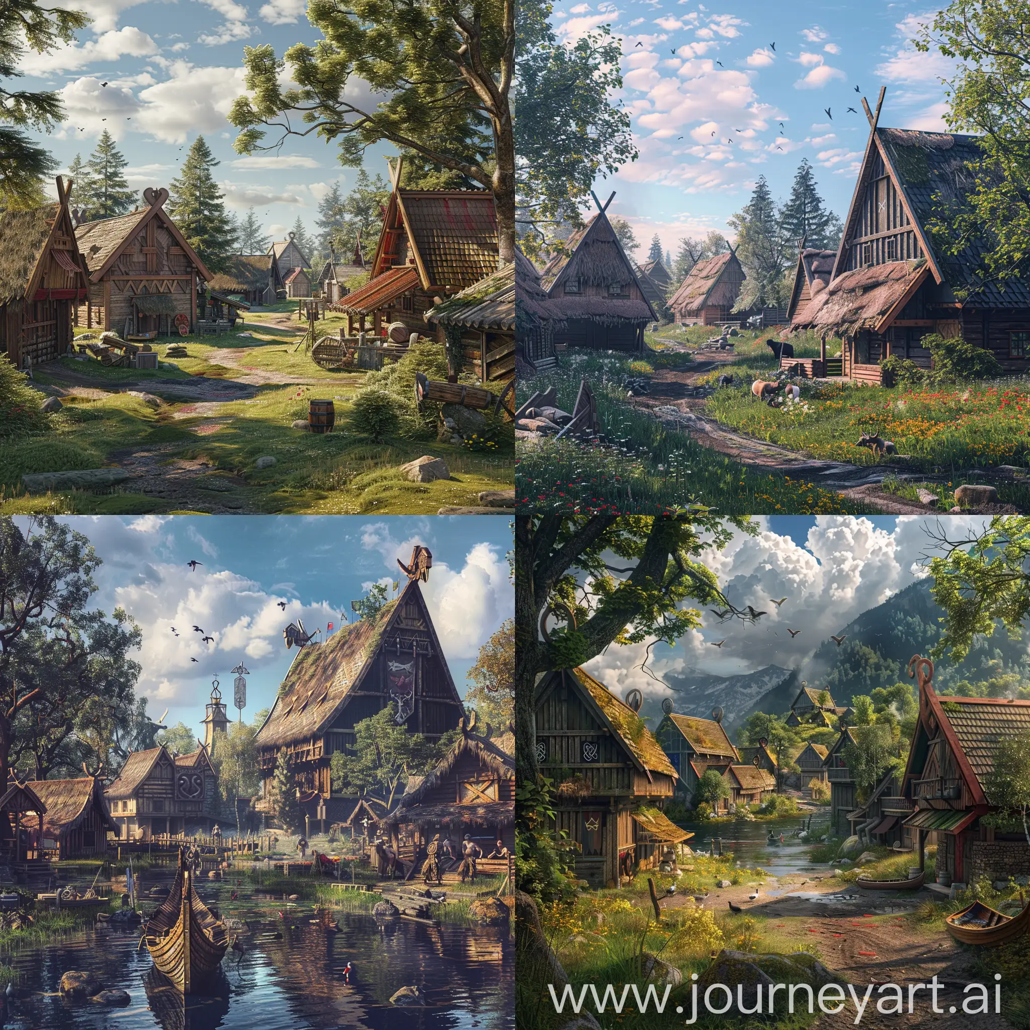 viking village in summer realistic, hyper realistic, 4 k, photorealistic, 3d style, 4k highly detailed digital art, ultra detailed portrait, 8k high quality detailed art,  highly detailed