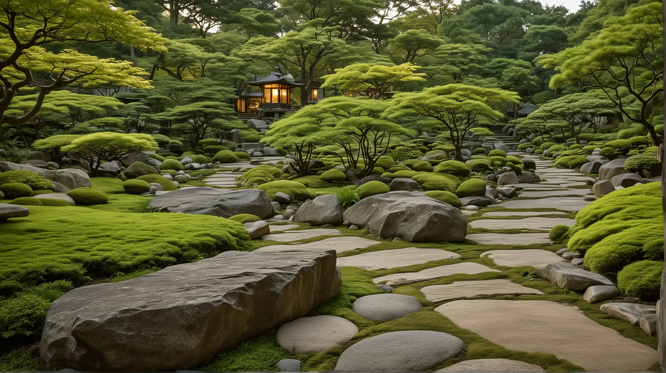 “A serene and traditional Japanese garden illuminated by the soft glow of lights from within the house, showcasing a harmonious blend of nature and architecture, with lush green trees, a stone path, moss-covered rocks, and a unique rock formation as its centerpiece. This image captures a tranquil Japanese garden at dusk, highlighting the peaceful coexistence of natural beauty and traditional architecture.”