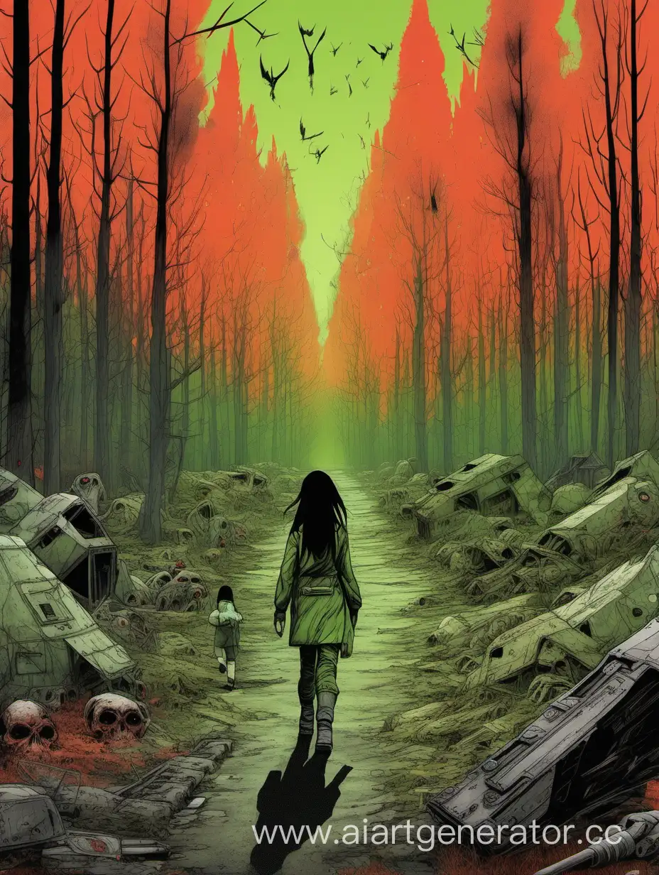 далекая фигура черноволосой девушки в Зоне Отчуждения направляется в Рыжий лес, а рядом бродят мутанты, сталкеры, оранжевый-зеленый цвет 