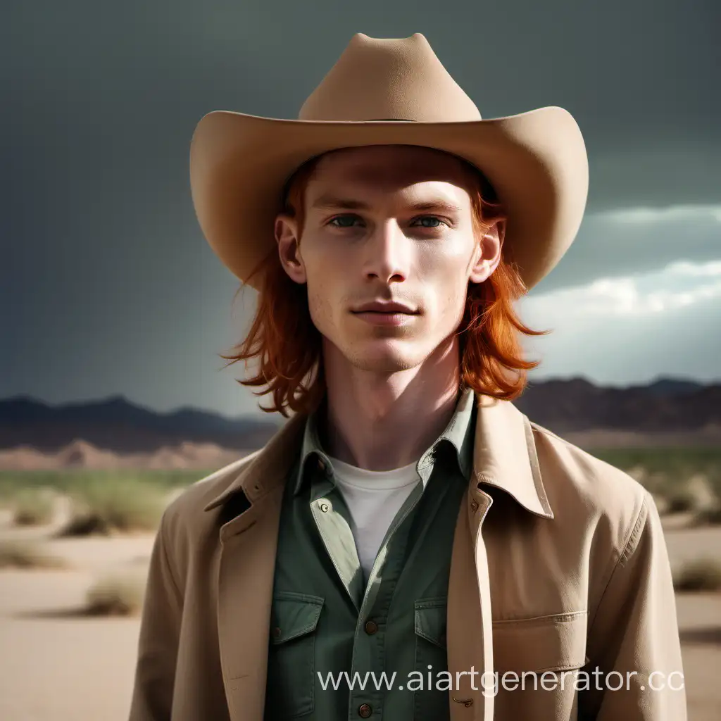 гладко выбритый худой парень с волнистыми длинными рыжими волосами и тёмными зелёными глазами в бежевой рубашке и светло-коричневом плаще. на голове светлая ковбойская шляпа. на фоне пустыня и пасмурное небо.